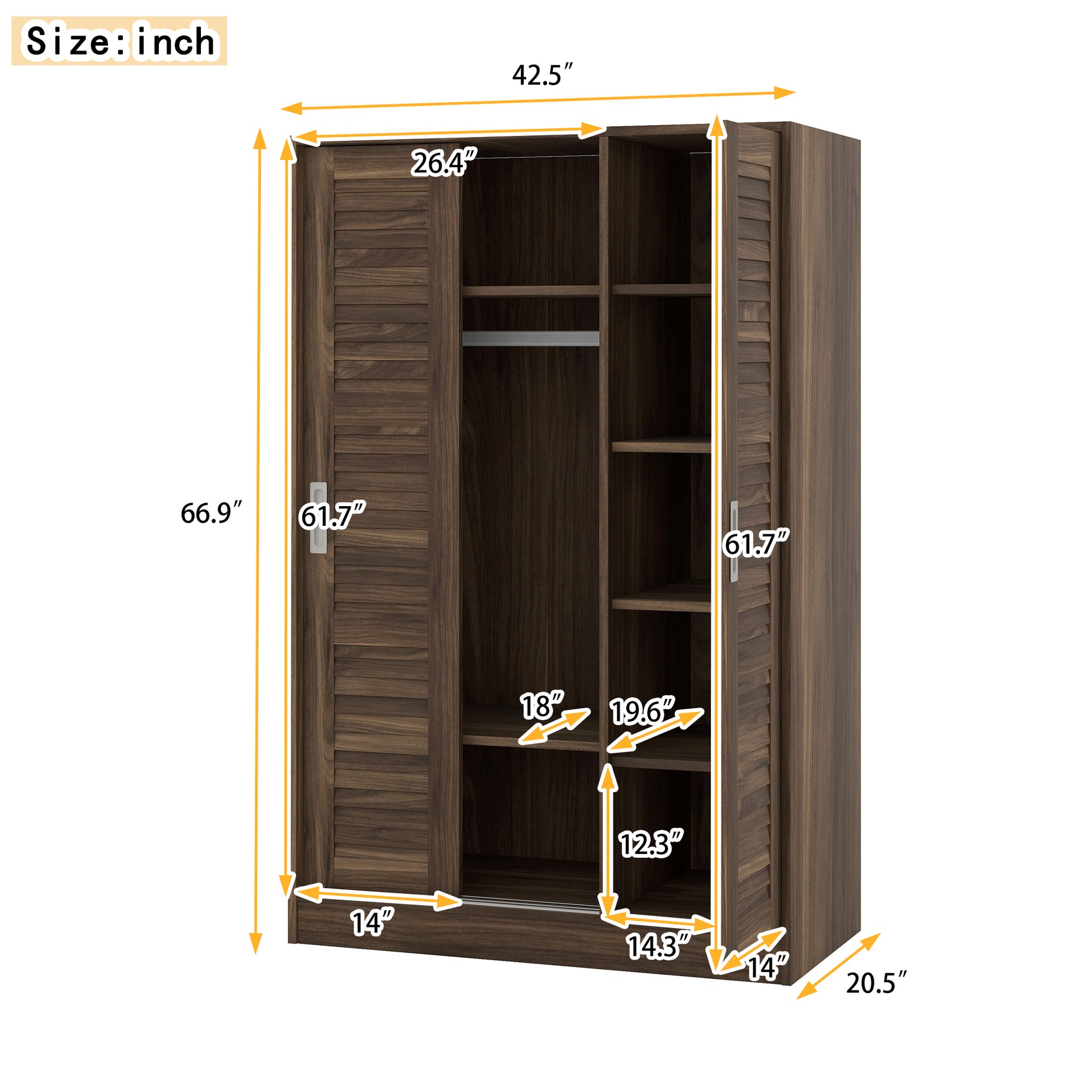 3 Door Shutter Wardrobe With Shelves, Walnut Sliding Walnut Shelf Bedroom Shelf Contemporary 3 Mdf