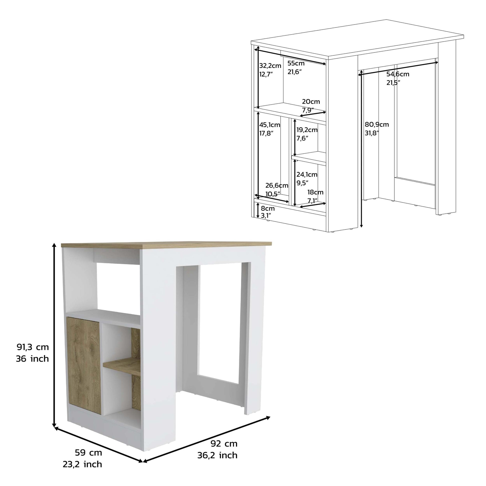 Kitchen Island 36" H, Three Open Side Storage Shelves And One Push To Open Cabinet, White Macadamia Multicolor Kitchen Modern Pine Particle Board Particle Board