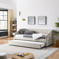 Twin Size Daybed With Trundle Upholstered Tufted Sofa Bed, Linen Fabric, Beige 82.5