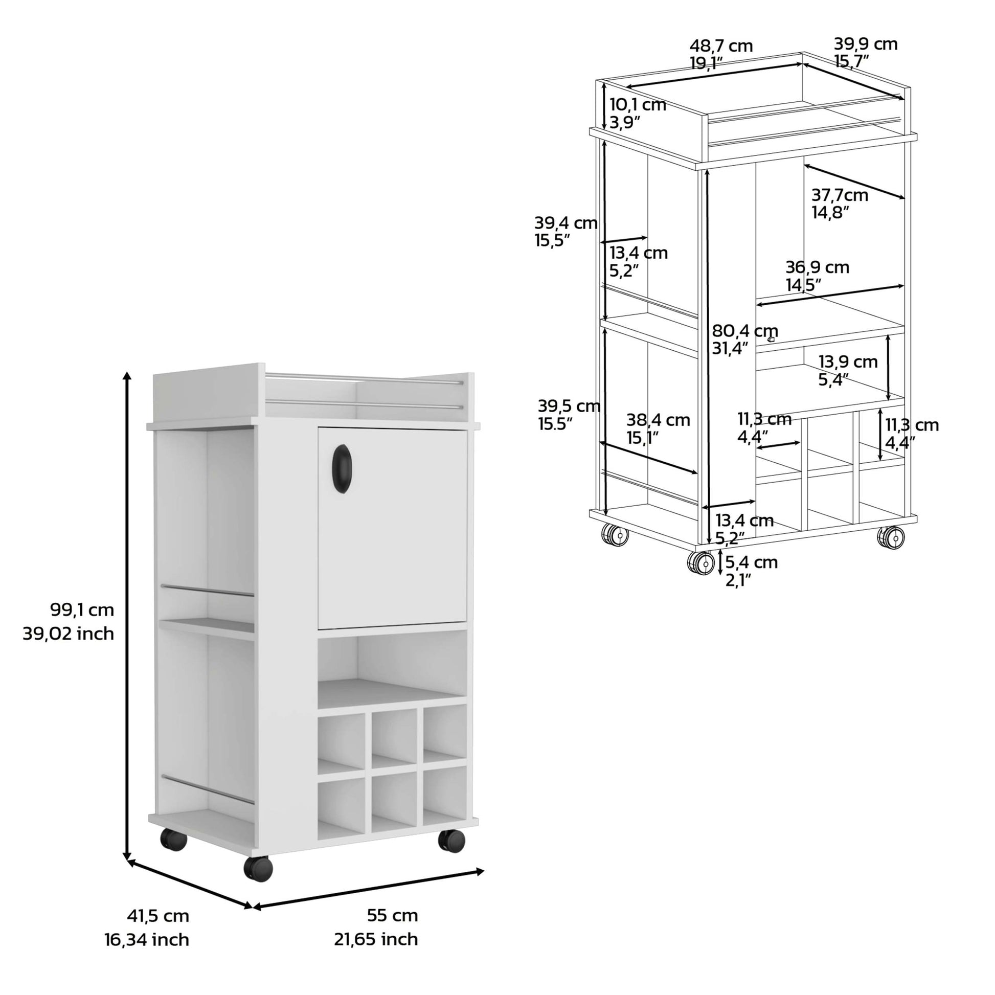 White 4 Wheel Bar Cart Cabinet For Kitchen Or Living Room, With 6 Built In Bottle Racks, 1 Interior Shelve, 2 Side Shelves, 1 Space With Wood Door To Store Glasses, Cups, Coffee Or Snacks. White Particle Board Particle Board