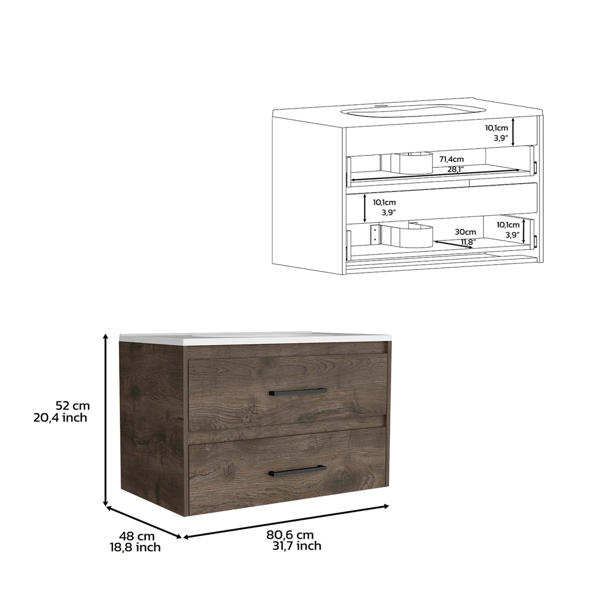 Floating Vanity Bathroom 20.4H" With 2 Drawer Organizers, Dark Brown White Multicolor Bathroom Modern Particle Board Particle Board