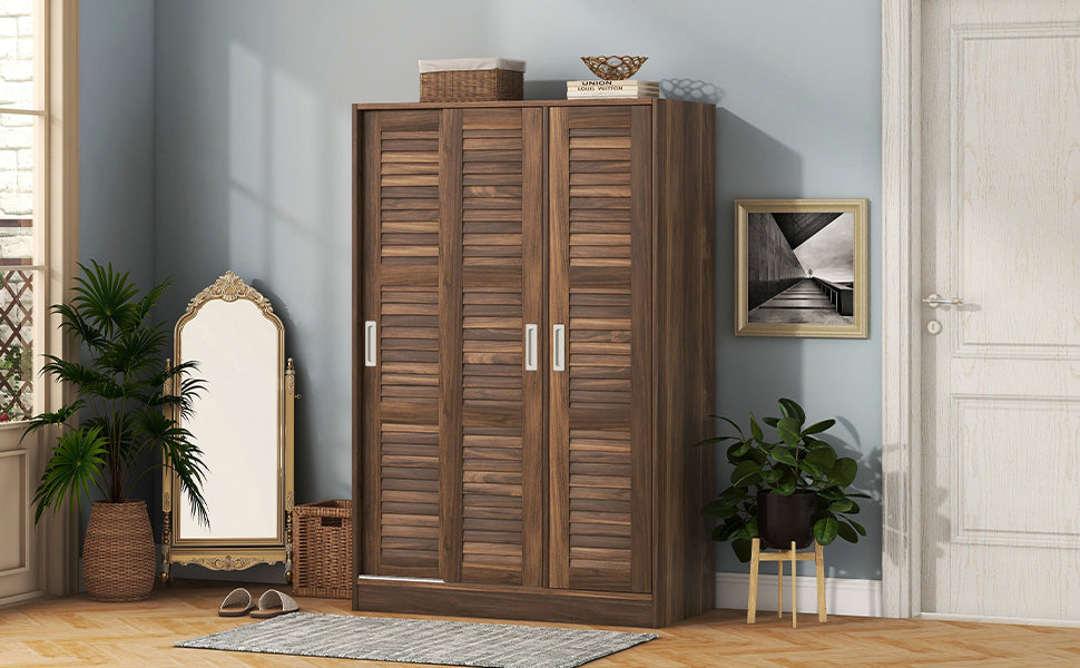 3 Door Shutter Wardrobe With Shelves, Walnut Sliding Walnut Shelf Bedroom Shelf Contemporary 3 Mdf