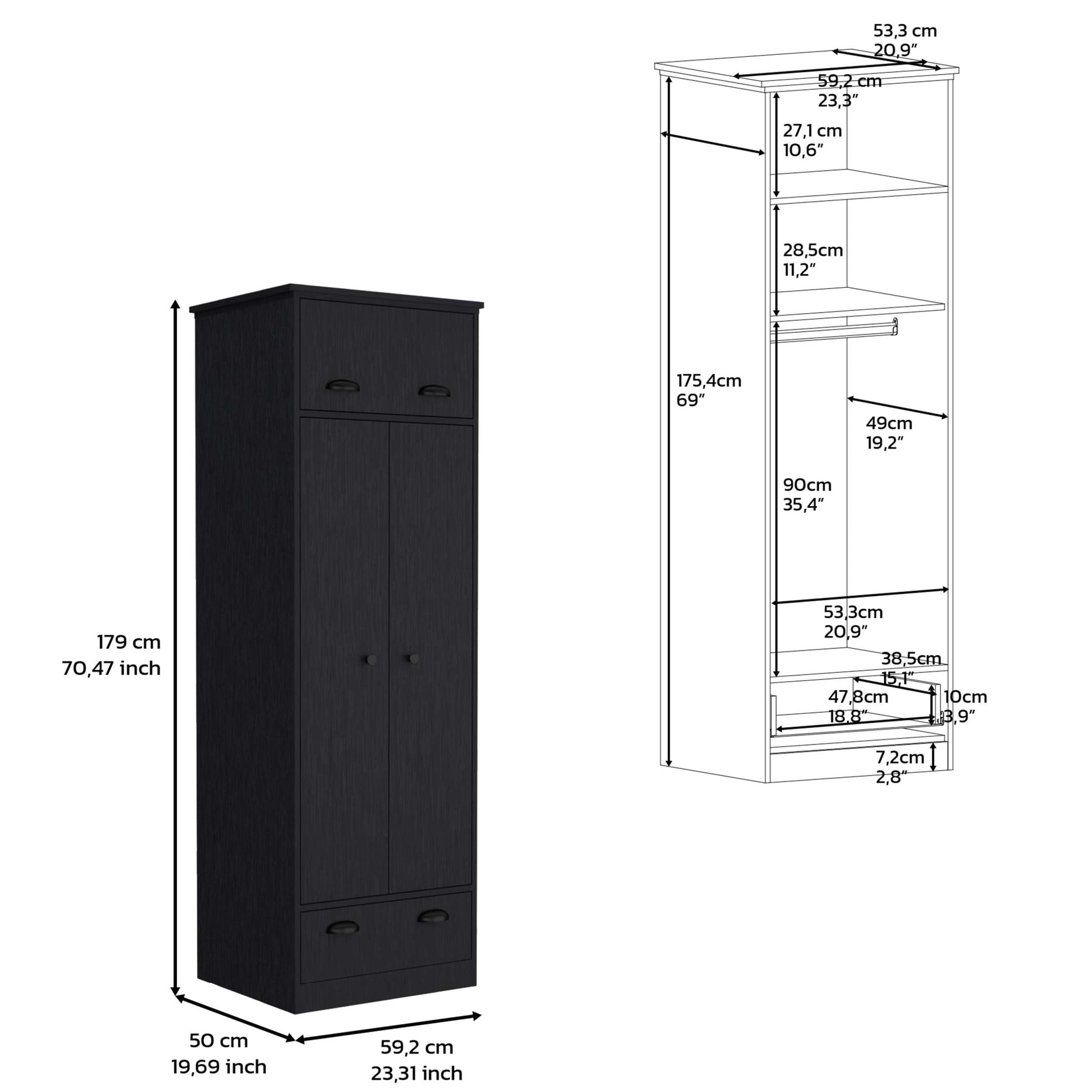 Black Dresser Closet With Upper Storage Covered With 1 Door, This Wardrobe Also Has 2 Central Shelves And 1 Tube For Hanging Clothes Covered By 2 Doors, And 1 Drawer At The Bottom. Black Particle Board Particle Board