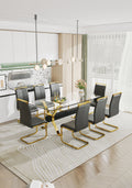 Dining Table. Modern Tempered Glass Dining Table. Large Modern Office Desk With Gold Plated Metal Legs And Mdf Crossbars, Suitable For Both Home And Office Use. Kitchen. 79 ''X39''X30 '' 1105 Transparent Glass
