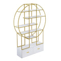 70.8 Inch Round Office Bookcase Bookshelf, Display Shelf, Two Drawers, Gold Frame Golden White Mdf Steel