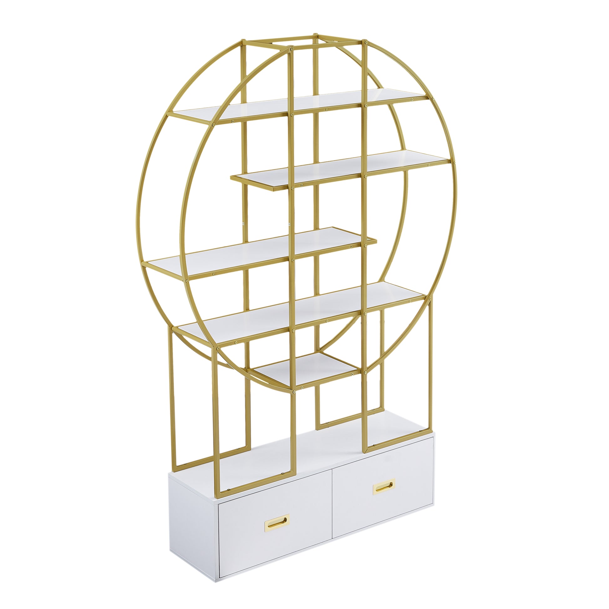 70.8 Inch Round Office Bookcase Bookshelf, Display Shelf, Two Drawers, Gold Frame Golden White Mdf Steel