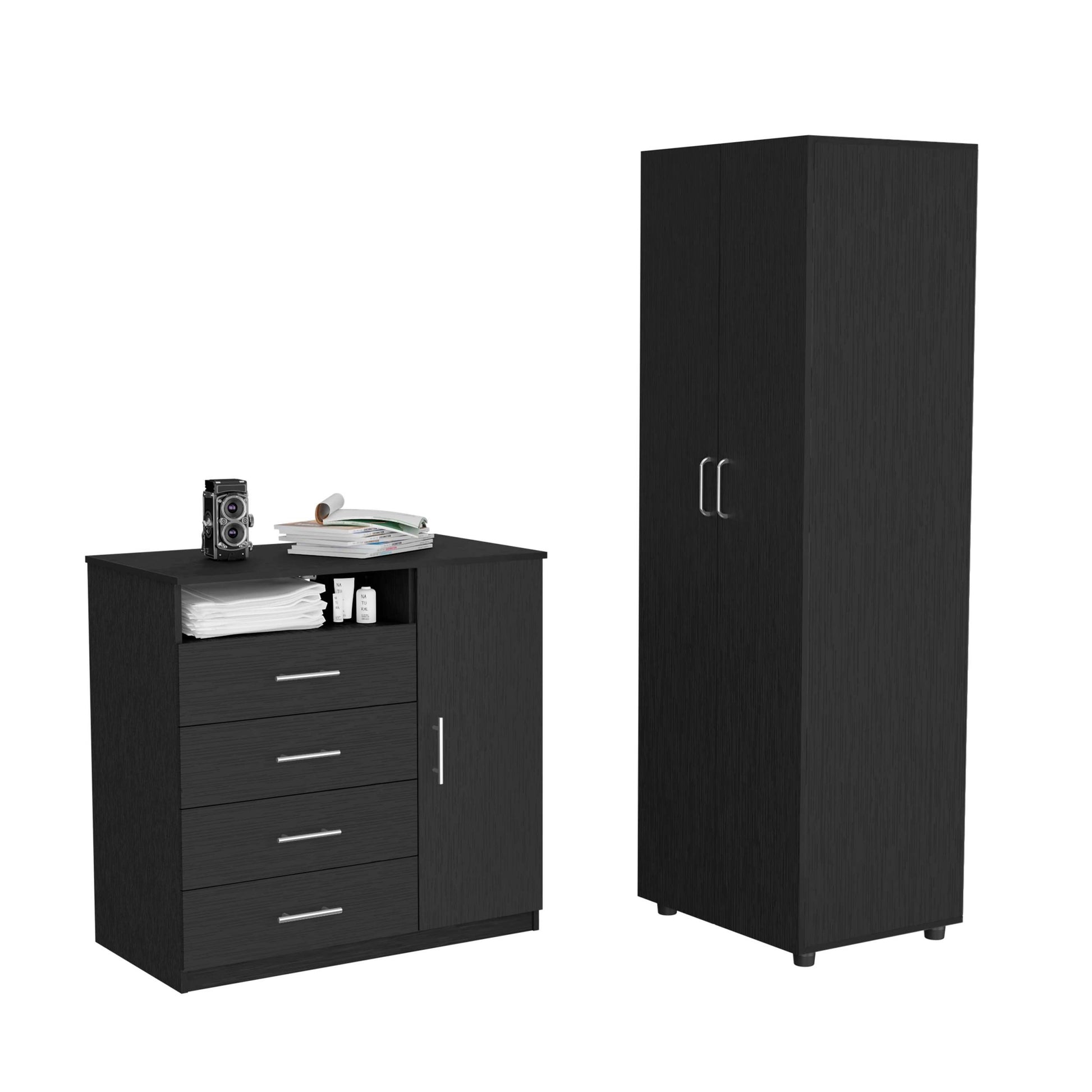 2 Piece Bedroom Set, London Armoire Rioja 4 Drawer Dresser, Black Full Black 2 Piece Set Particle Board Particle Board