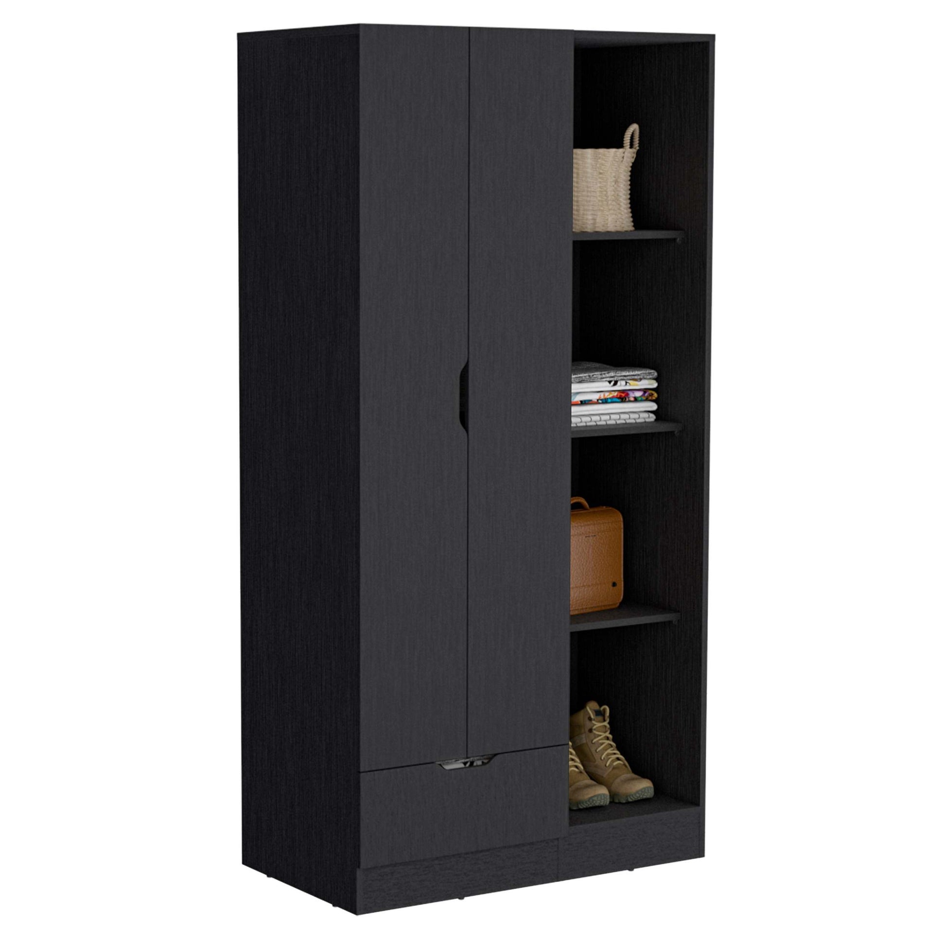 Armoire 71H" With 1 Drawer And 4 Tier Open Shelves, 2 Doors, Black Black Bedroom Modern Pine Particle Board Particle Board