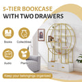 70.8 Inch Round Office Bookcase Bookshelf, Display Shelf, Two Drawers, Gold Frame Golden White Mdf Steel