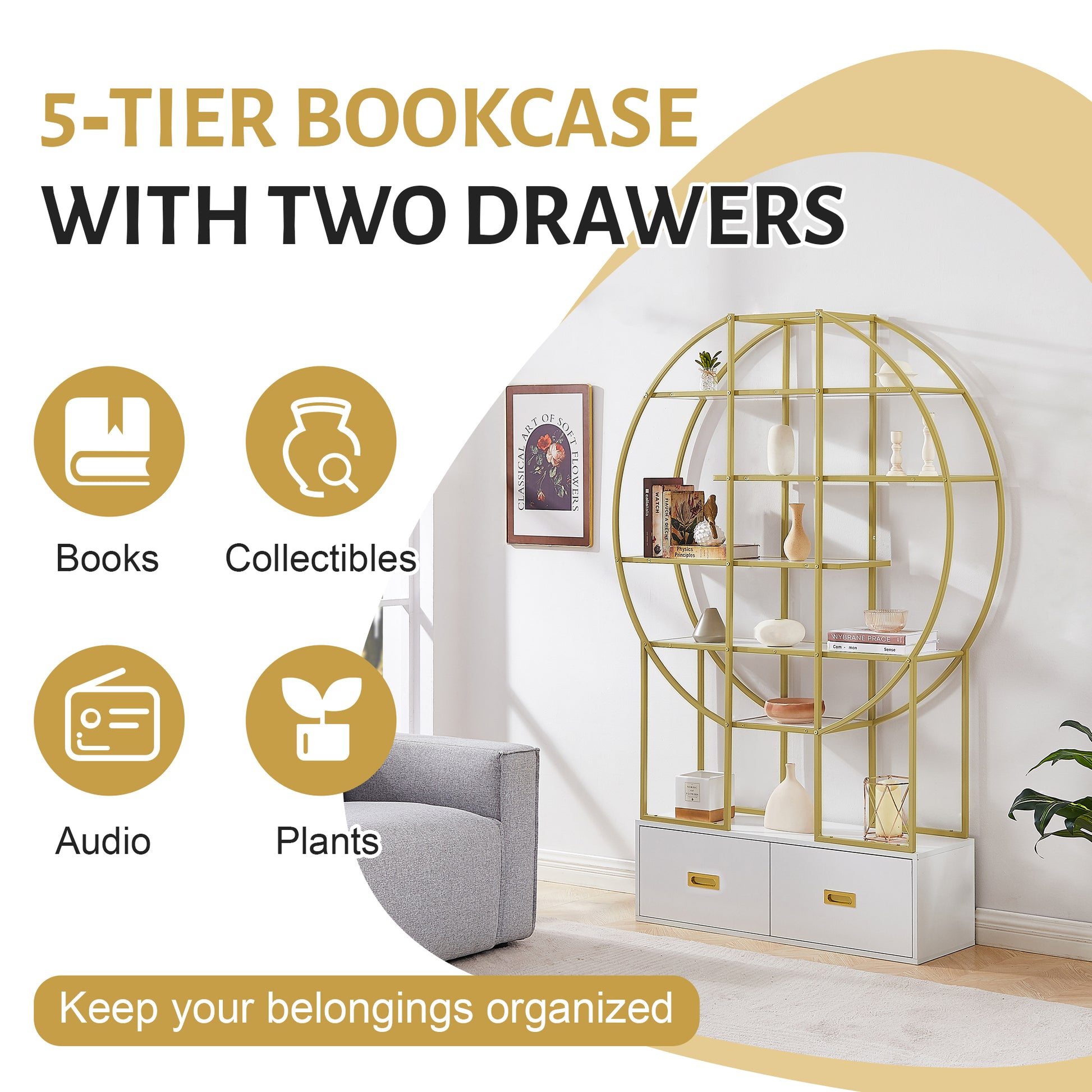 70.8 Inch Round Office Bookcase Bookshelf, Display Shelf, Two Drawers, Gold Frame Golden White Mdf Steel