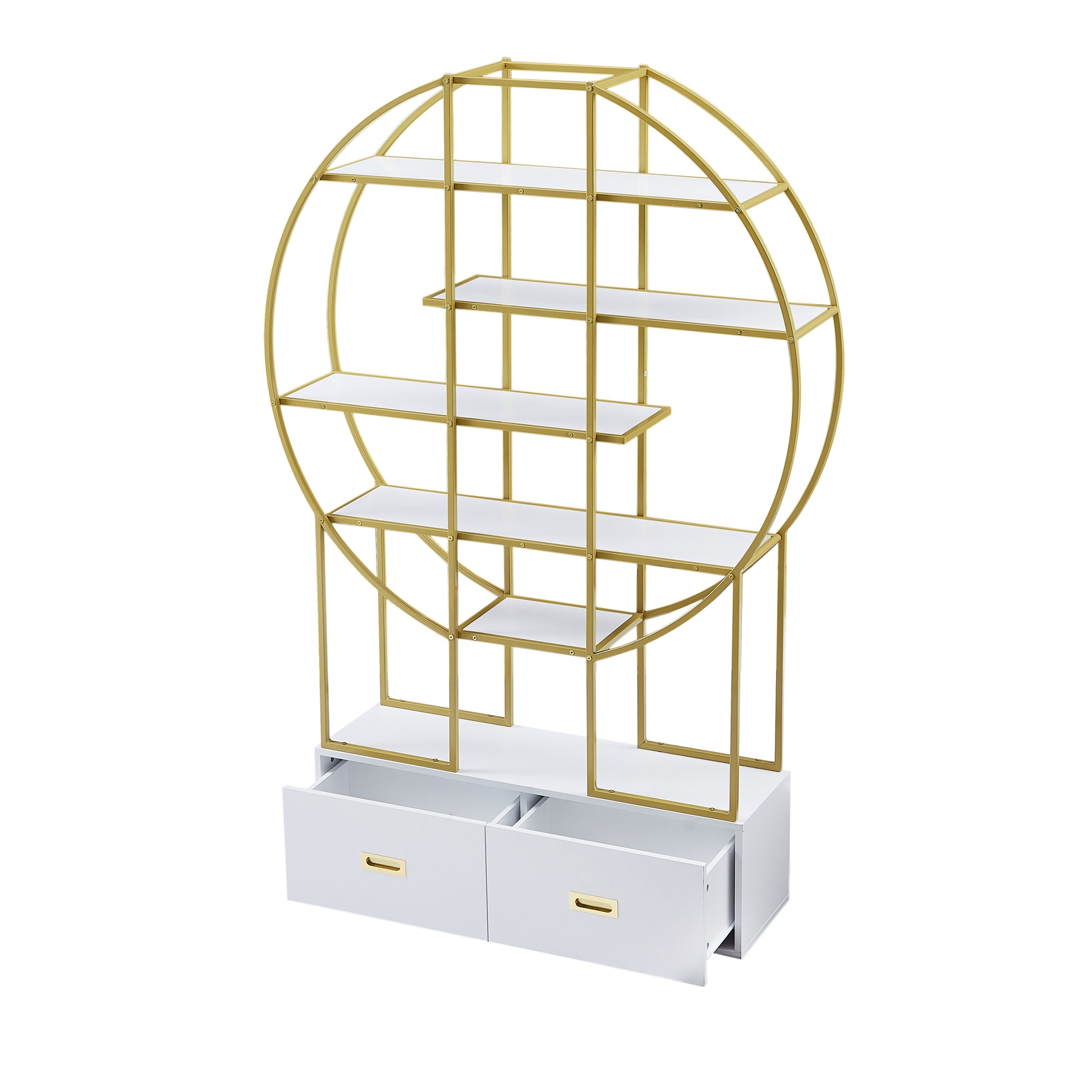 70.8 Inch Round Office Bookcase Bookshelf, Display Shelf, Two Drawers, Gold Frame Golden White Mdf Steel