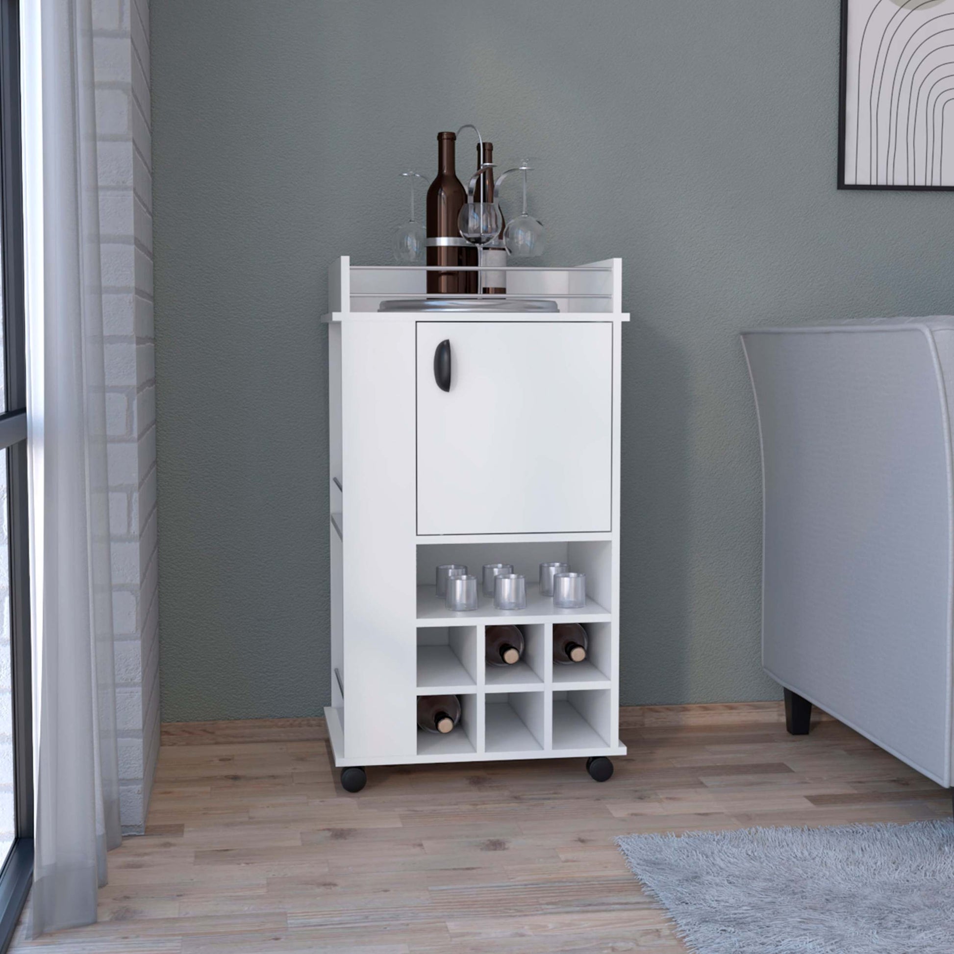 White 4 Wheel Bar Cart Cabinet For Kitchen Or Living Room, With 6 Built In Bottle Racks, 1 Interior Shelve, 2 Side Shelves, 1 Space With Wood Door To Store Glasses, Cups, Coffee Or Snacks. White Particle Board Particle Board