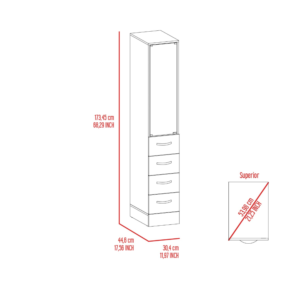 68H" Linen Cabinet, Three Shelves, Four Drawers And Metal Handles, White 4 White 3 Bathroom Freestanding Modern Particle Board Particle Board