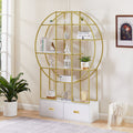 70.8 Inch Round Office Bookcase Bookshelf, Display Shelf, Two Drawers, Gold Frame Golden White Mdf Steel