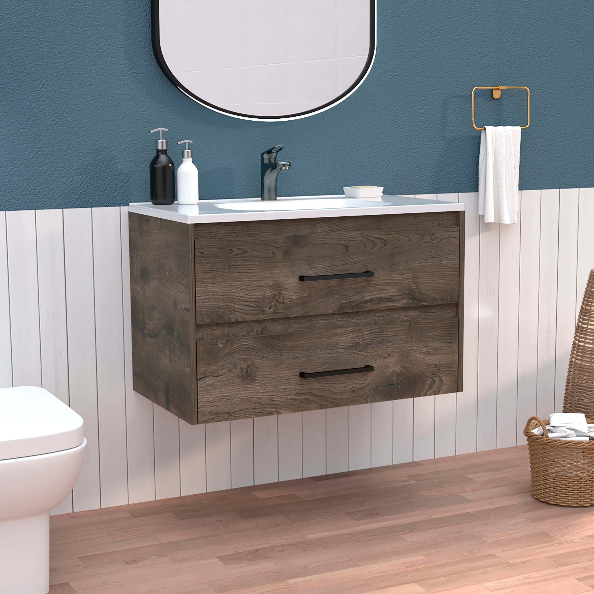 Floating Vanity Bathroom 20.4H" With 2 Drawer Organizers, Dark Brown White Multicolor Bathroom Modern Particle Board Particle Board