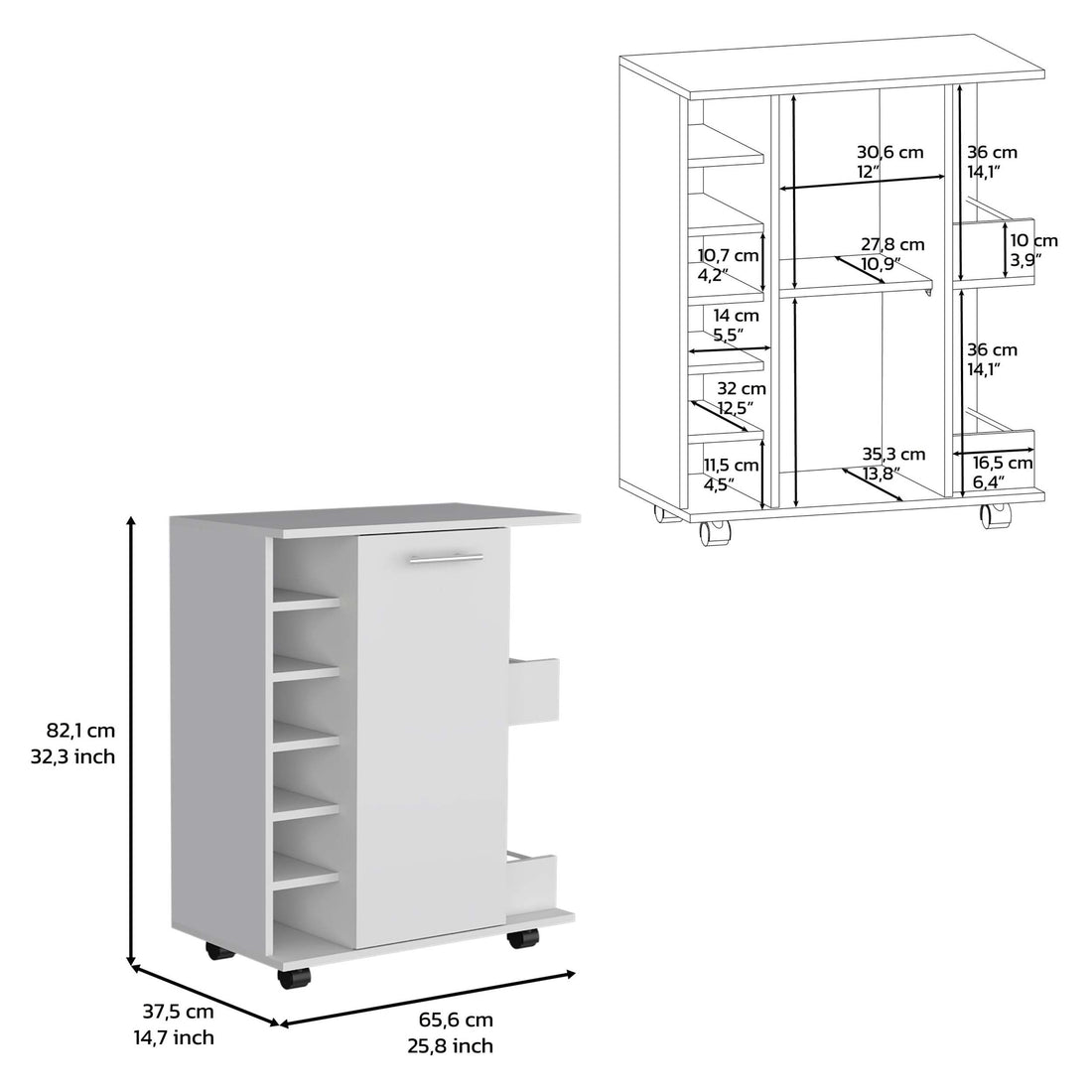 Depot E Shop Selden Bar Cart With 6 Built In Bottle Racks, Casters And 2 Open Side Shelves, White White Particle Board Particle Board