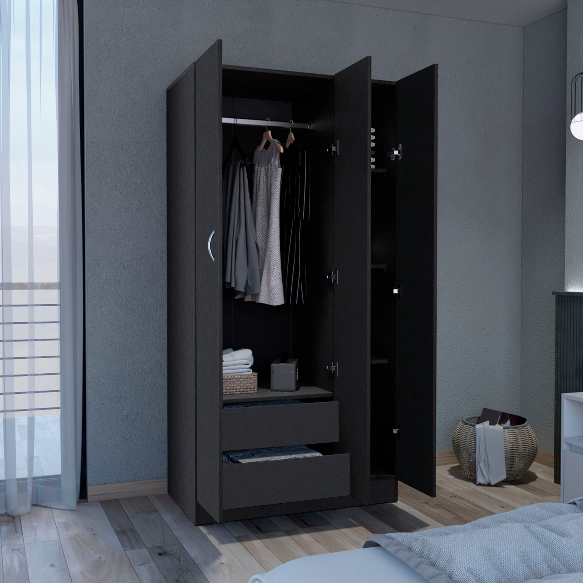 Wardrobe Armoire 71H" With 3 Doors And 2 Inner Drawers, 3 Doors, Black Black Bedroom Modern Pine Particle Board Particle Board