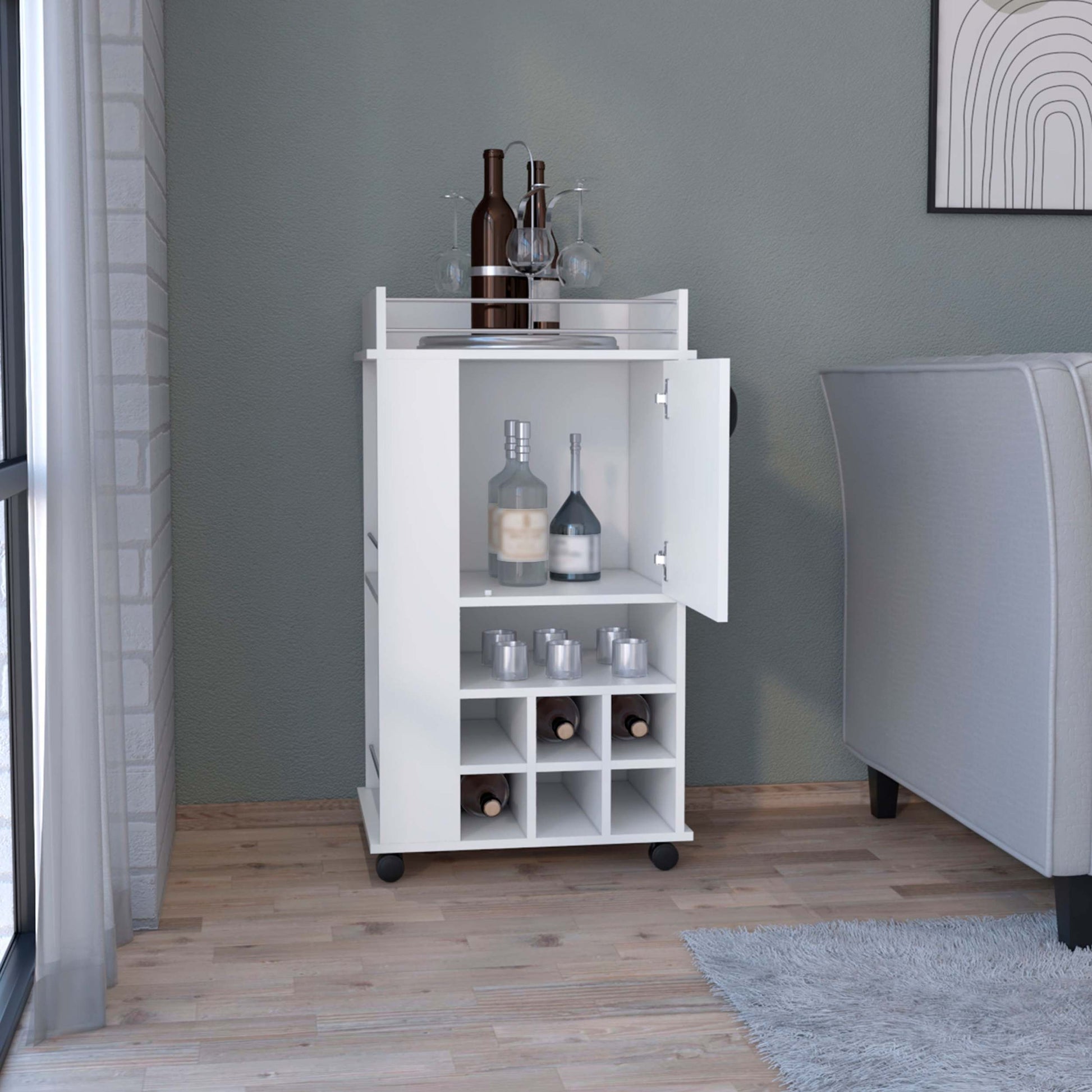 Bar Cart With 6 Built In Wine Rack And Casters, White White Particle Board Particle Board