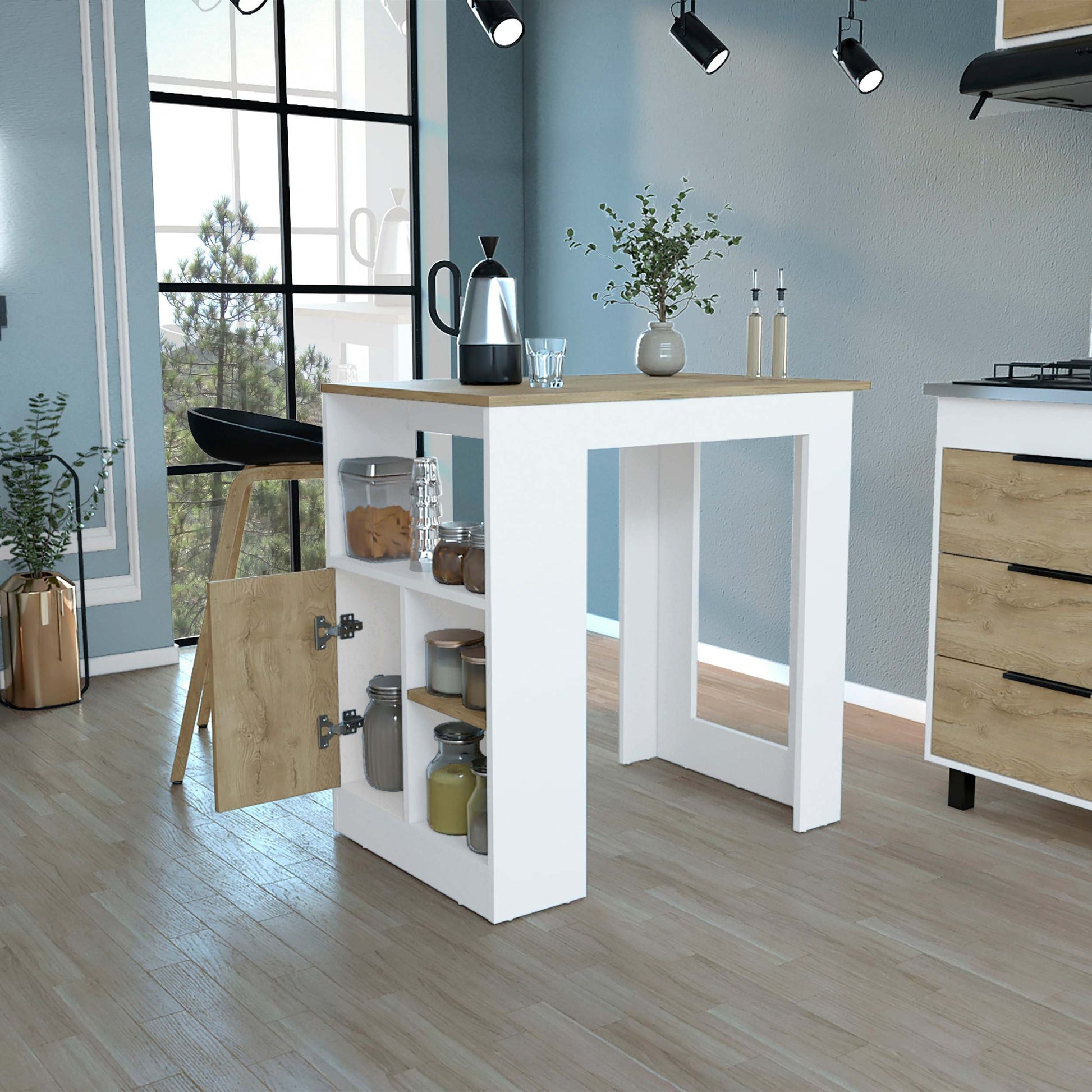 Kitchen Island 36" H, Three Open Side Storage Shelves And One Push To Open Cabinet, White Macadamia Multicolor Kitchen Modern Pine Particle Board Particle Board