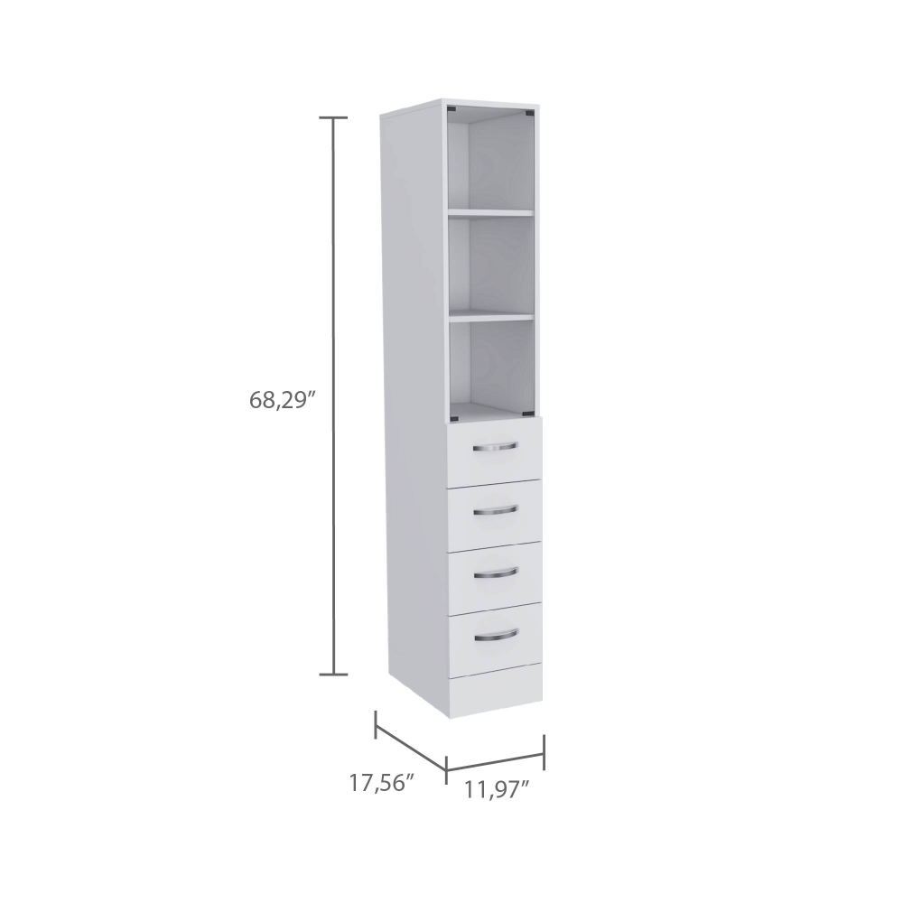 68H" Linen Cabinet, Three Shelves, Four Drawers And Metal Handles, White 4 White 3 Bathroom Freestanding Modern Particle Board Particle Board