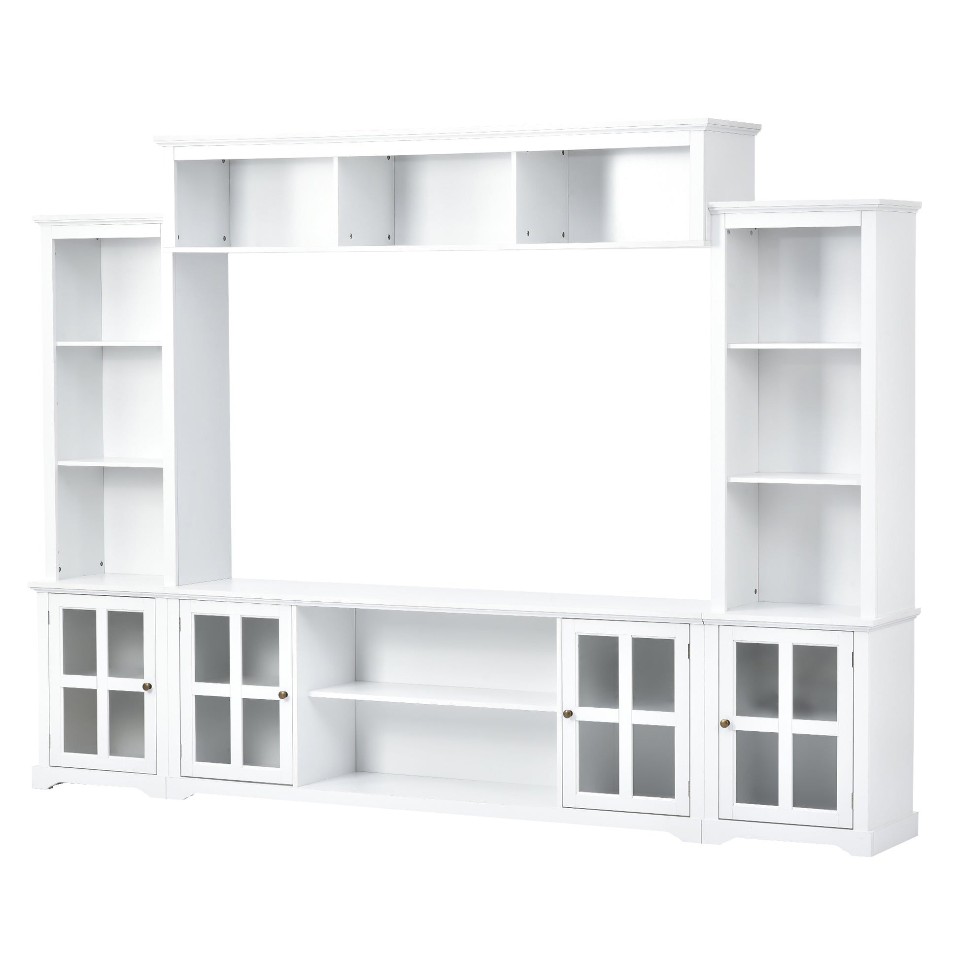 Minimalism Entertainment Wall Unit With Bridge, Modern Tv Console Table For Tvs Up To 70", Multifunctional Tv Stand With Tempered Glass Door, White Old Sku: Sd000009Aak White 70 79 Inches Particle Board