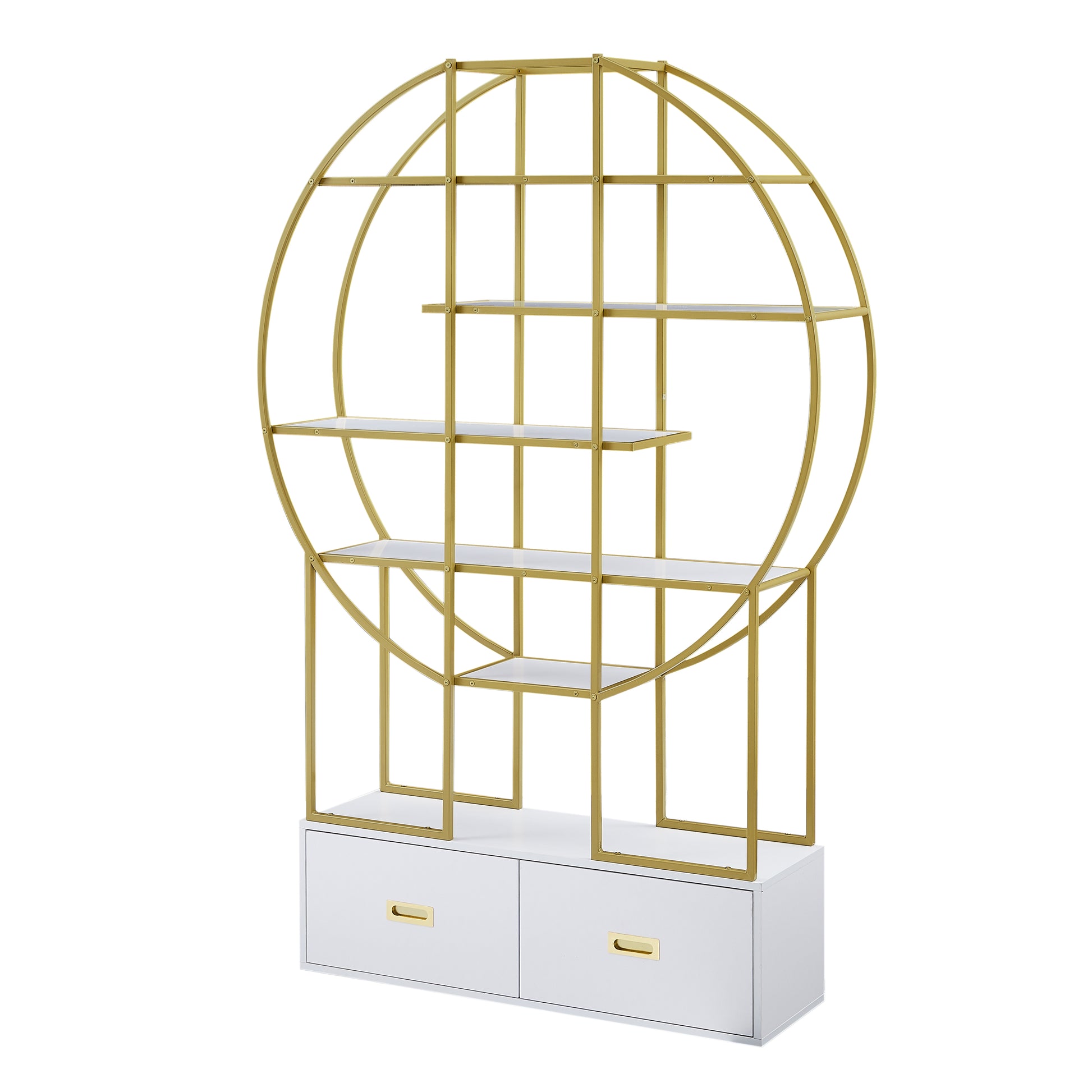 70.8 Inch Round Office Bookcase Bookshelf, Display Shelf, Two Drawers, Gold Frame Golden White Mdf Steel