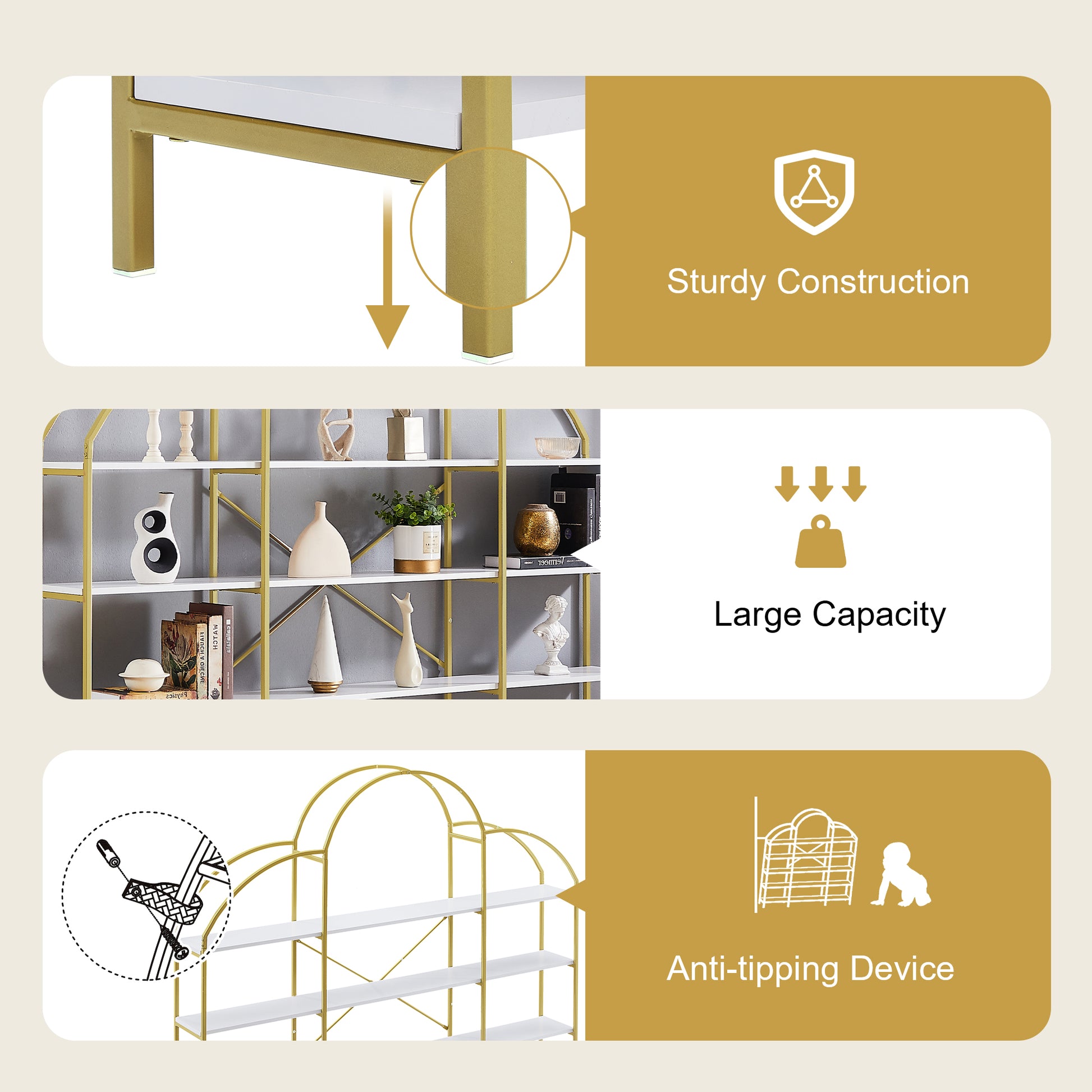 74.8 Inch 5 Tiers Office Bookcase Bookshelf, Display Shelf With Round Top, X Bar Gold Frame Golden White Mdf Steel