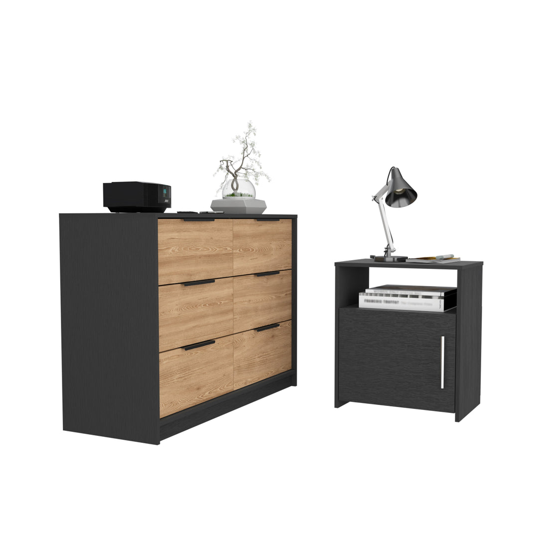 2 Piece Bedroom Set, Egeo 4 Drawer Dresser Omaha Nightstand, Black Pine Black 2 Piece Set Bedroom Dresser Included,Nightstand Included Modern Particle Board Particle Board