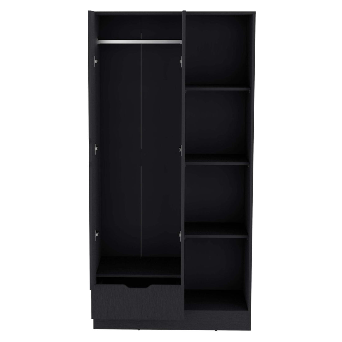 Armoire 71H" With 1 Drawer And 4 Tier Open Shelves, 2 Doors, Black Black Bedroom Modern Pine Particle Board Particle Board