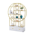 70.8 Inch Round Office Bookcase Bookshelf, Display Shelf, Two Drawers, Gold Frame Golden White Mdf Steel