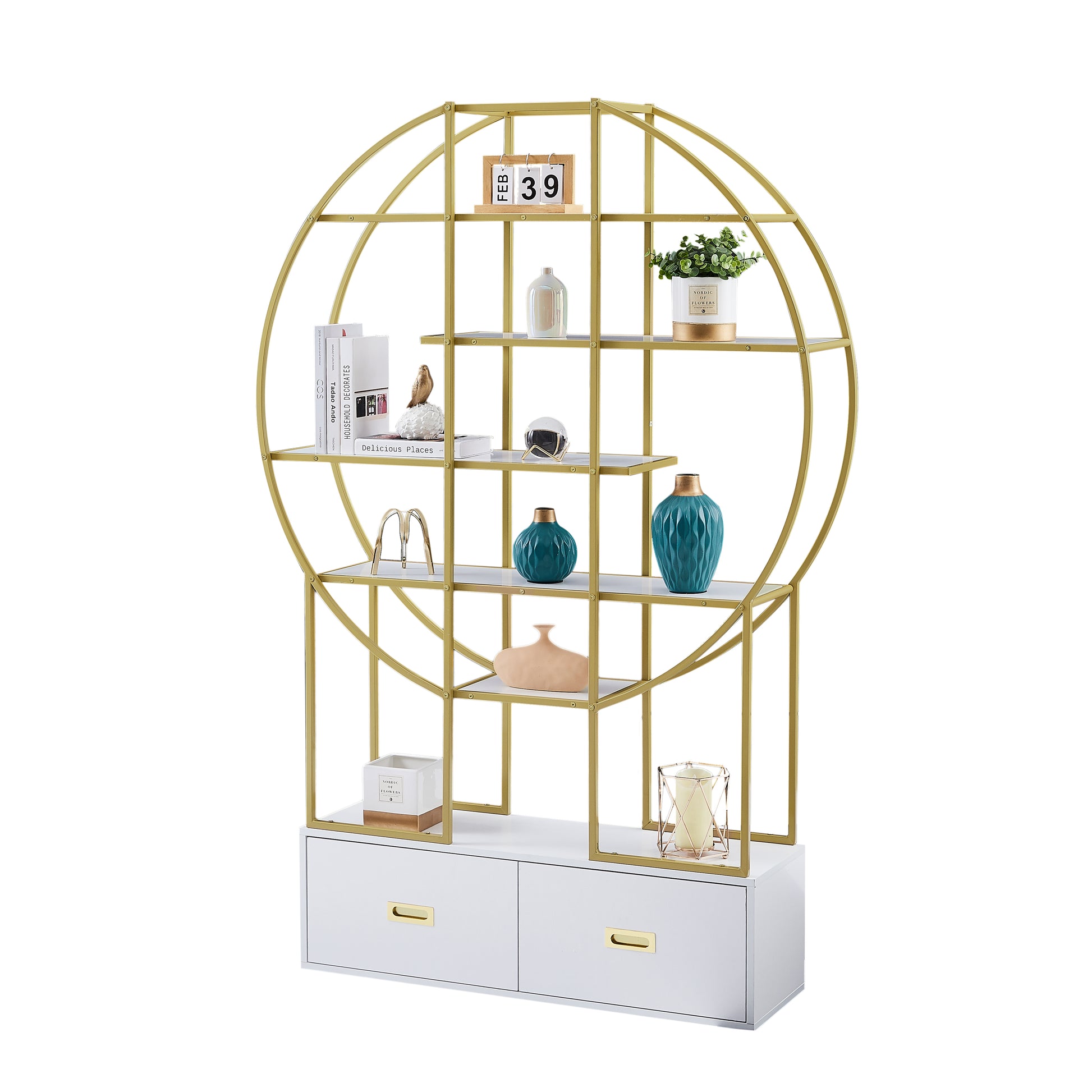 70.8 Inch Round Office Bookcase Bookshelf, Display Shelf, Two Drawers, Gold Frame Golden White Mdf Steel