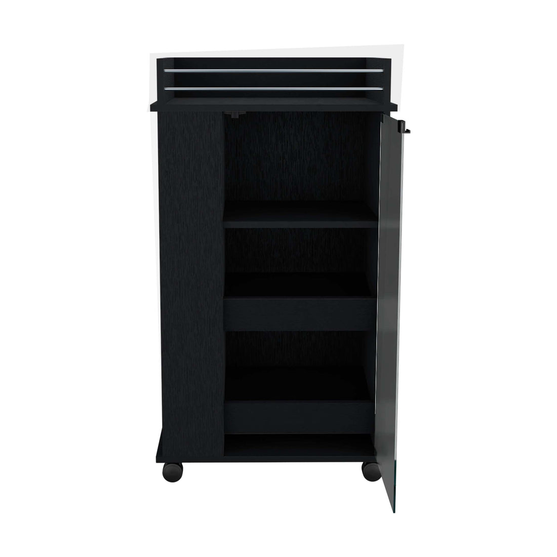 Black Kitchen Cabinet, Bar Cart With Wheels, Glass Door, 3 Internal Shelves And 2 Side Shelves, Space To Store Coffee And Snacks. Black Particle Board Particle Board