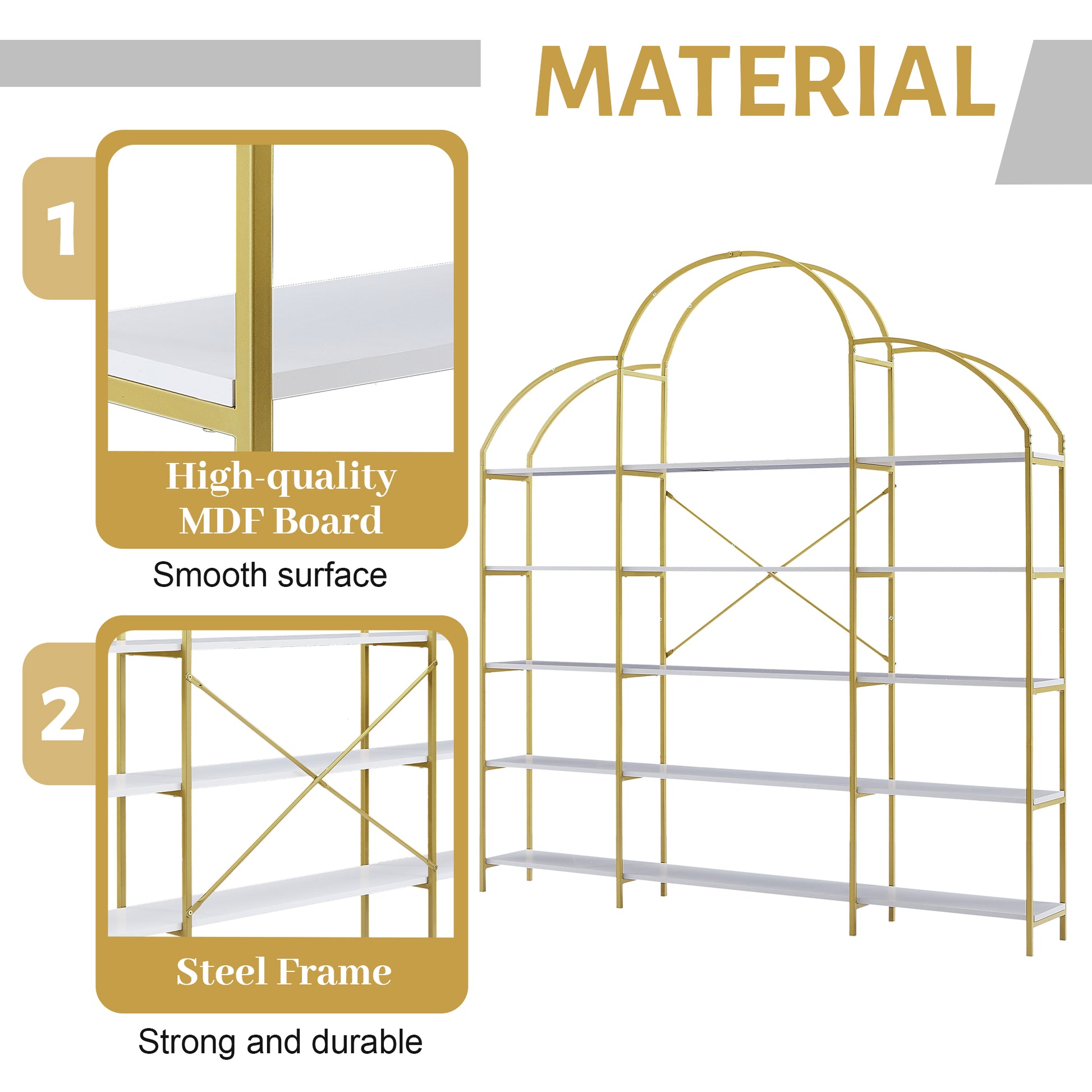 74.8 Inch 5 Tiers Office Bookcase Bookshelf, Display Shelf With Round Top, X Bar Gold Frame Golden White Mdf Steel