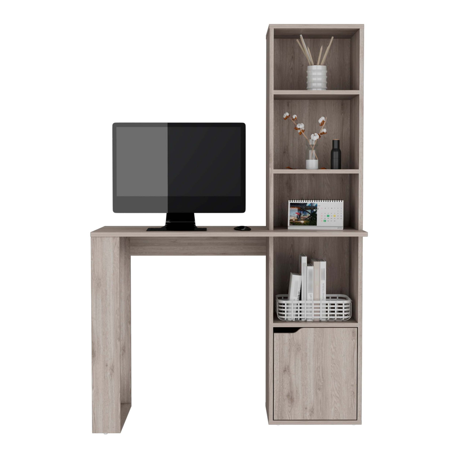 Writing Desk With Bookcase And Cabinet, Light Gray Gray Particle Board Particle Board