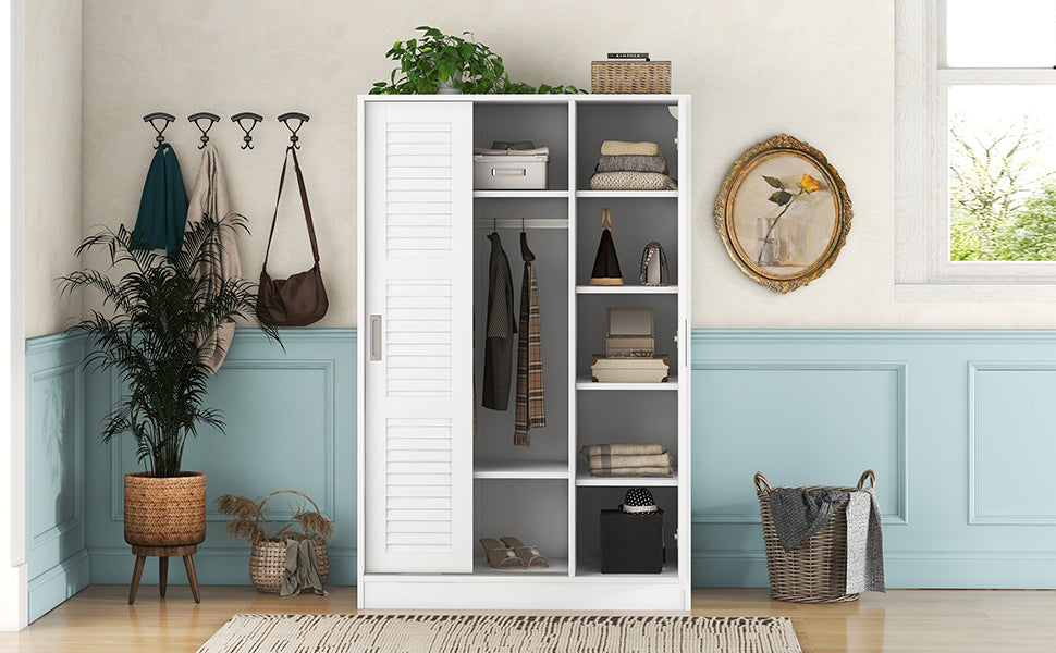 3 Door Shutter Wardrobe With Shelves, White Sliding White White Shelf Bedroom Shelf Contemporary 3 Mdf