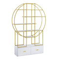 70.8 Inch Round Office Bookcase Bookshelf, Display Shelf, Two Drawers, Gold Frame Golden White Mdf Steel