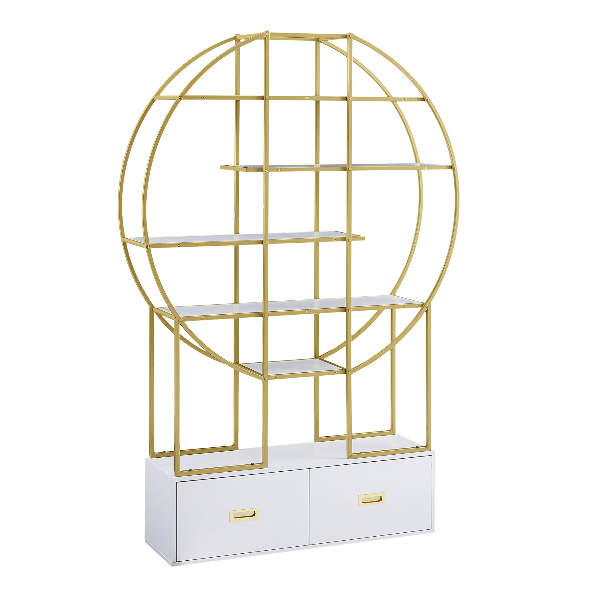 70.8 Inch Round Office Bookcase Bookshelf, Display Shelf, Two Drawers, Gold Frame Golden White Mdf Steel