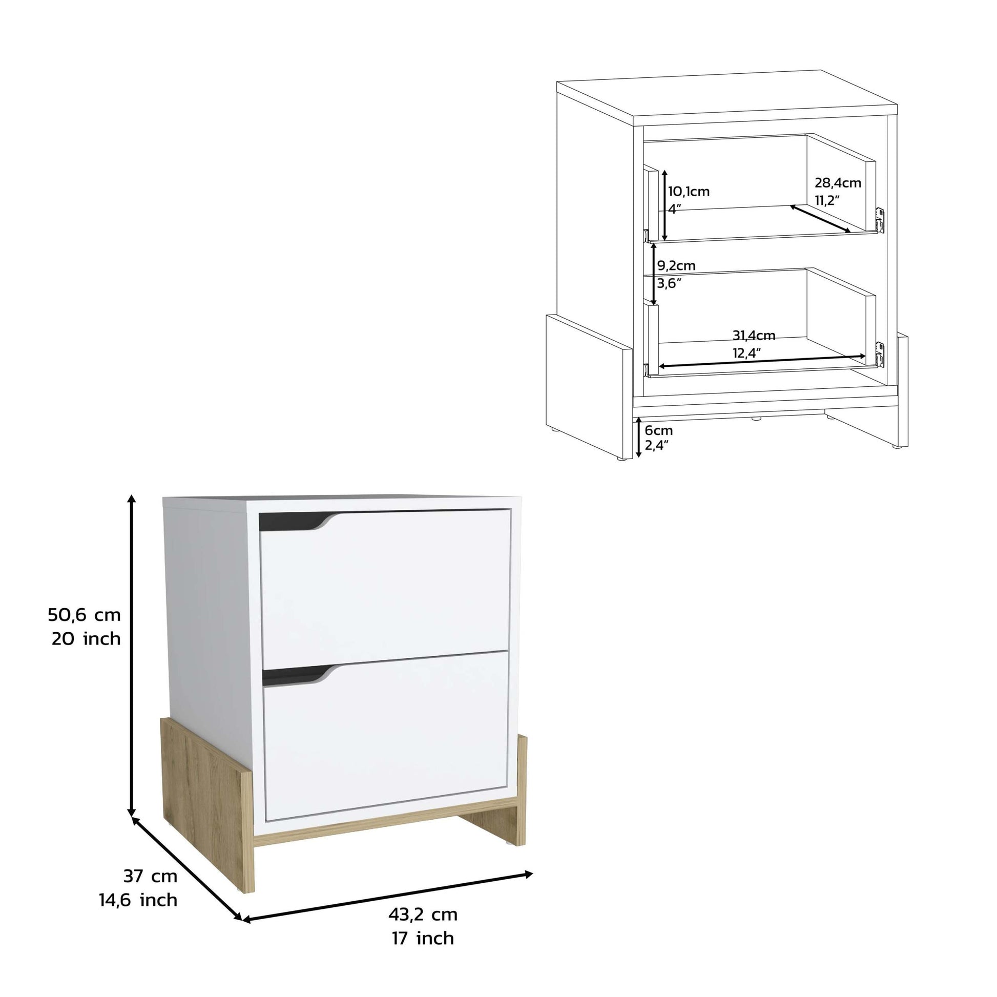 White Macadamia Modern Easy To Install Bedside Nightstand With 2 Drawers, With Openwork Gola Handles, With Floor Fixing With Two Sturdy Particle Board Legs Multicolor Particle Board Particle Board