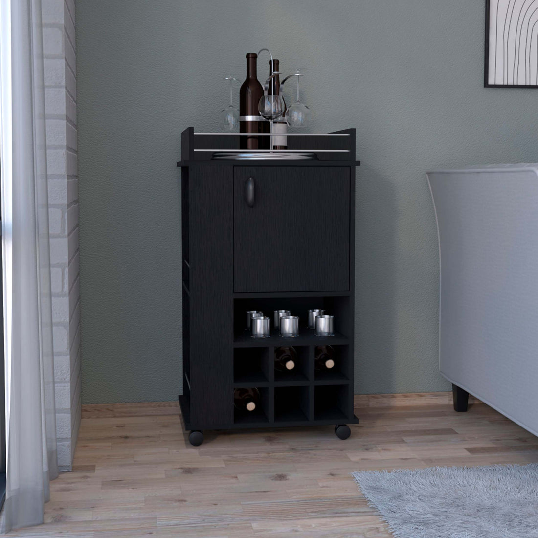 Black 4 Wheel Bar Cart Cabinet For Kitchen Or Living Room, With 6 Built In Bottle Racks, 1 Interior Shelve, 2 Side Shelves, 1 Space With Wood Door To Store Glasses, Cups, Coffee Or Snacks. Black Particle Board Particle Board