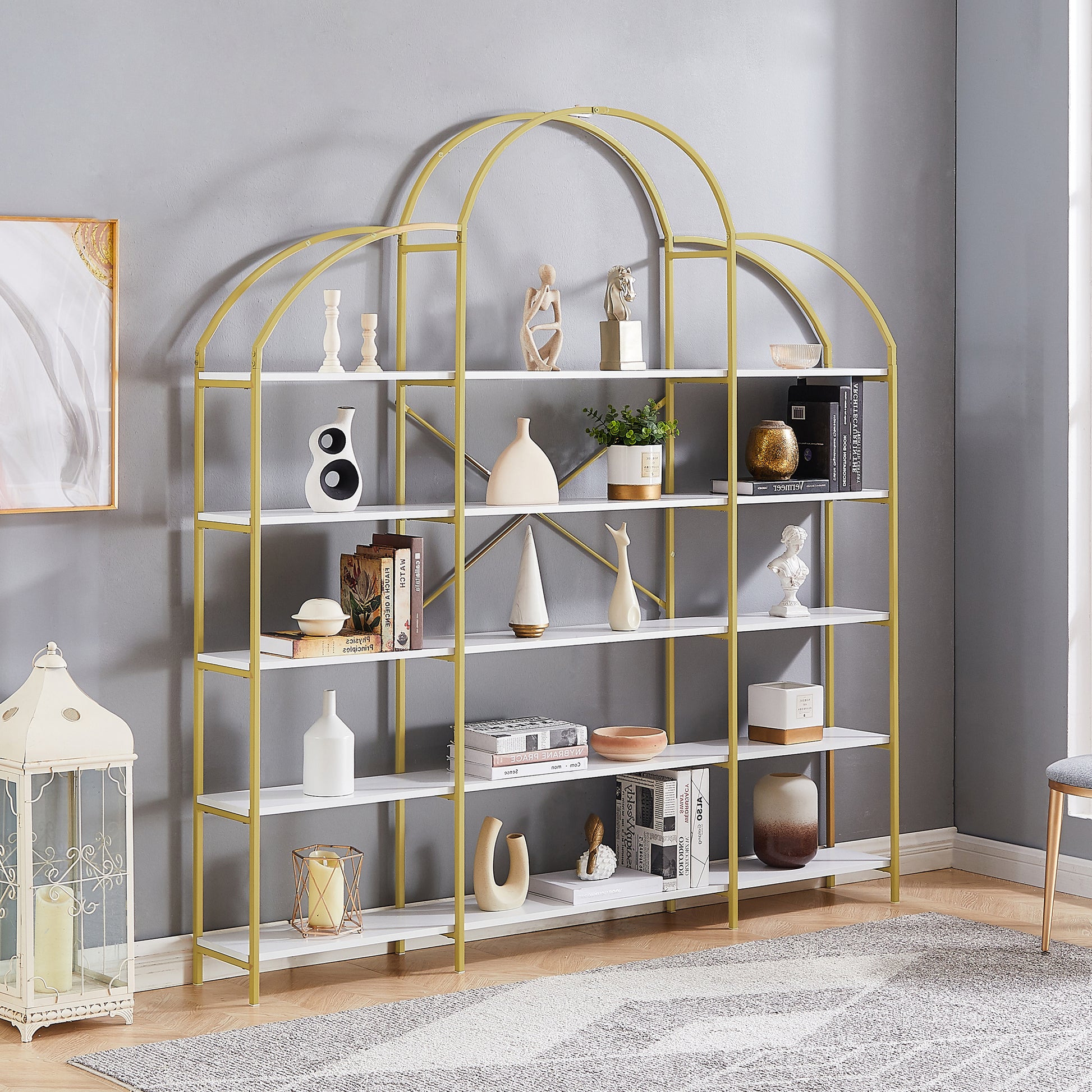 74.8 Inch 5 Tiers Office Bookcase Bookshelf, Display Shelf With Round Top, X Bar Gold Frame Golden White Mdf Steel