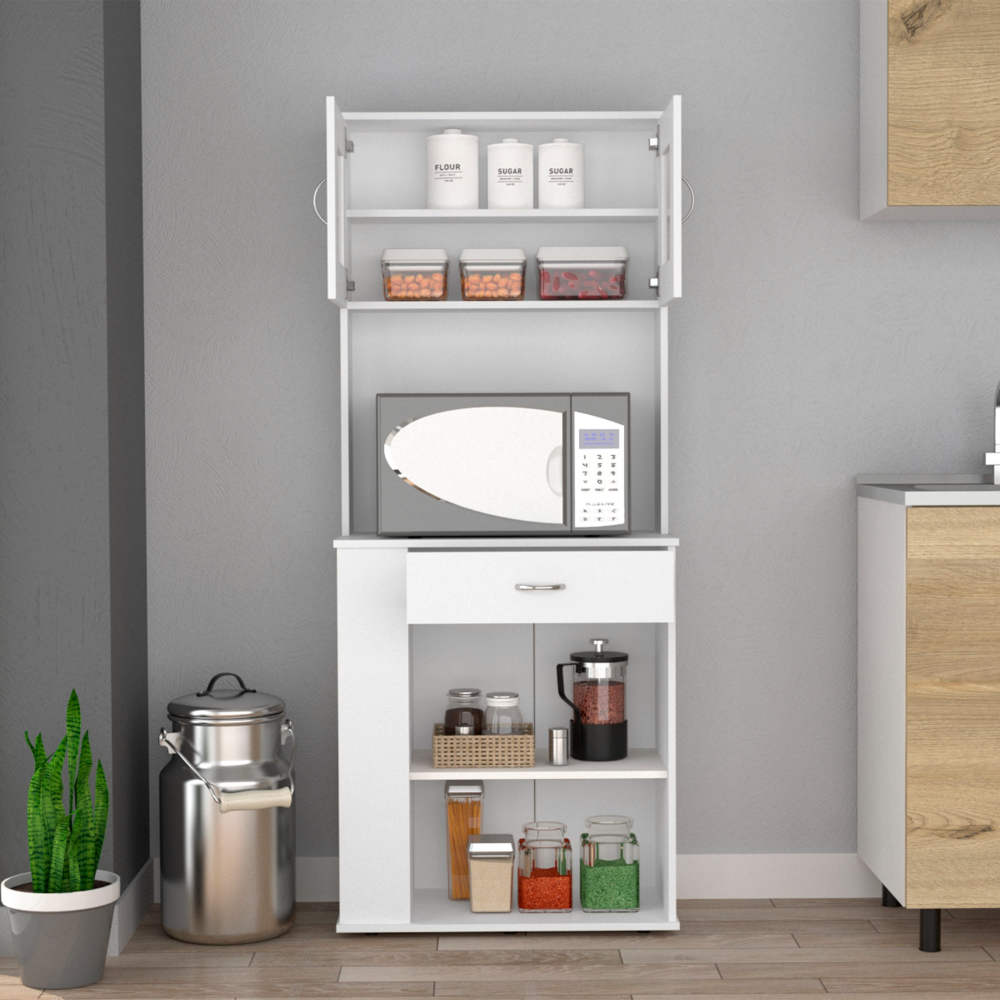 Pantry Cabinet 67" H, Two Doors, One Drawer, Two Open Storage Shelves, Two Internal Shelves, Three Open Side Storage Shelves, White White Particle Board Particle Board