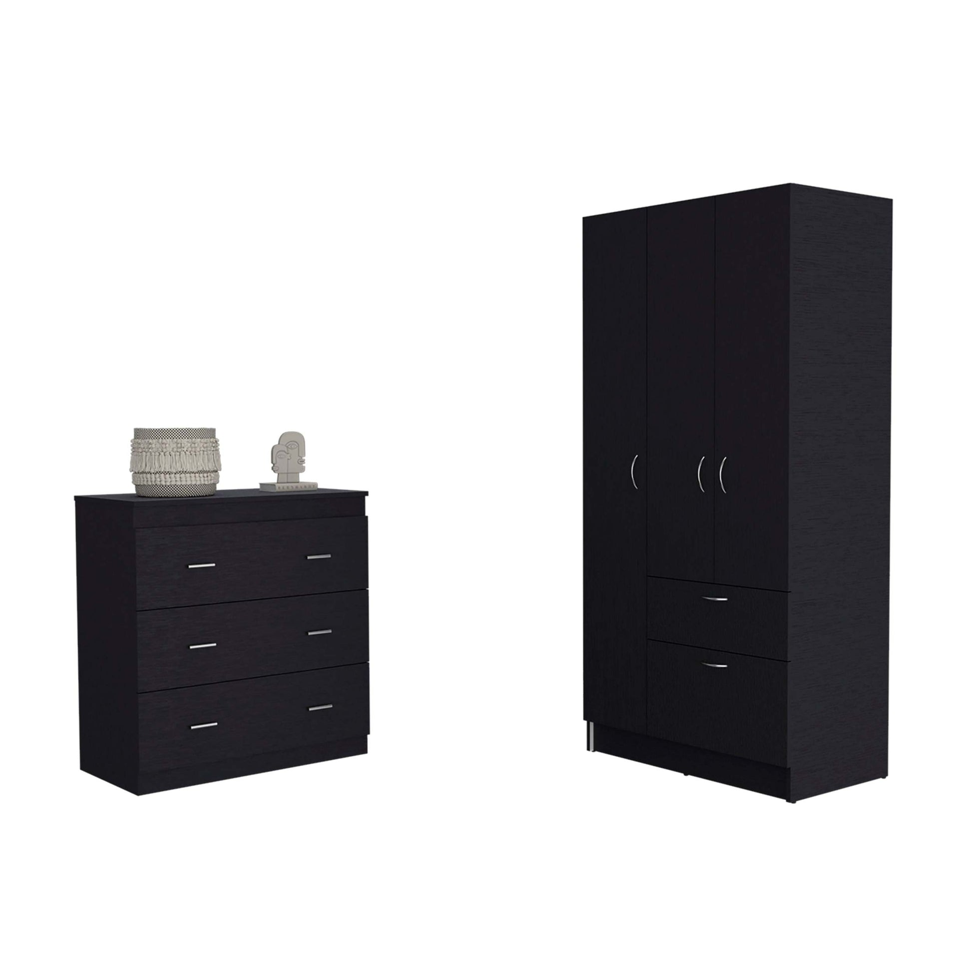 2 Piece Bedroom Set, Cartagena Armoire Capri Three Drawer Dresser, Black Full Black 2 Piece Set Particle Board Particle Board