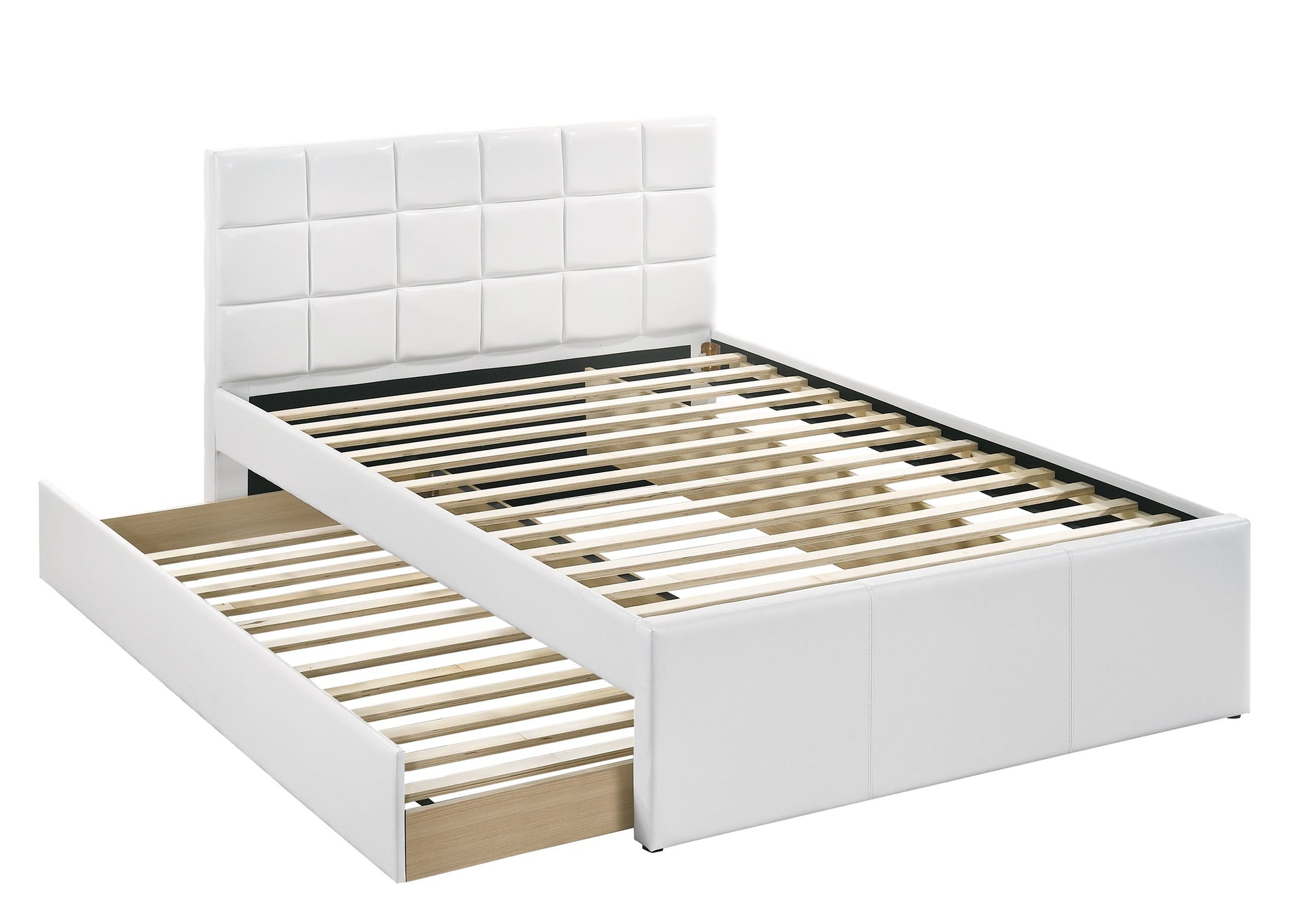 Full Size Bed W Trundle Slats White Faux Leather Upholstered Plywood Kids Youth Bedroom Furniture Wooden Slats White Bedroom Contemporary,Modern,Transitional Mdf Plywood