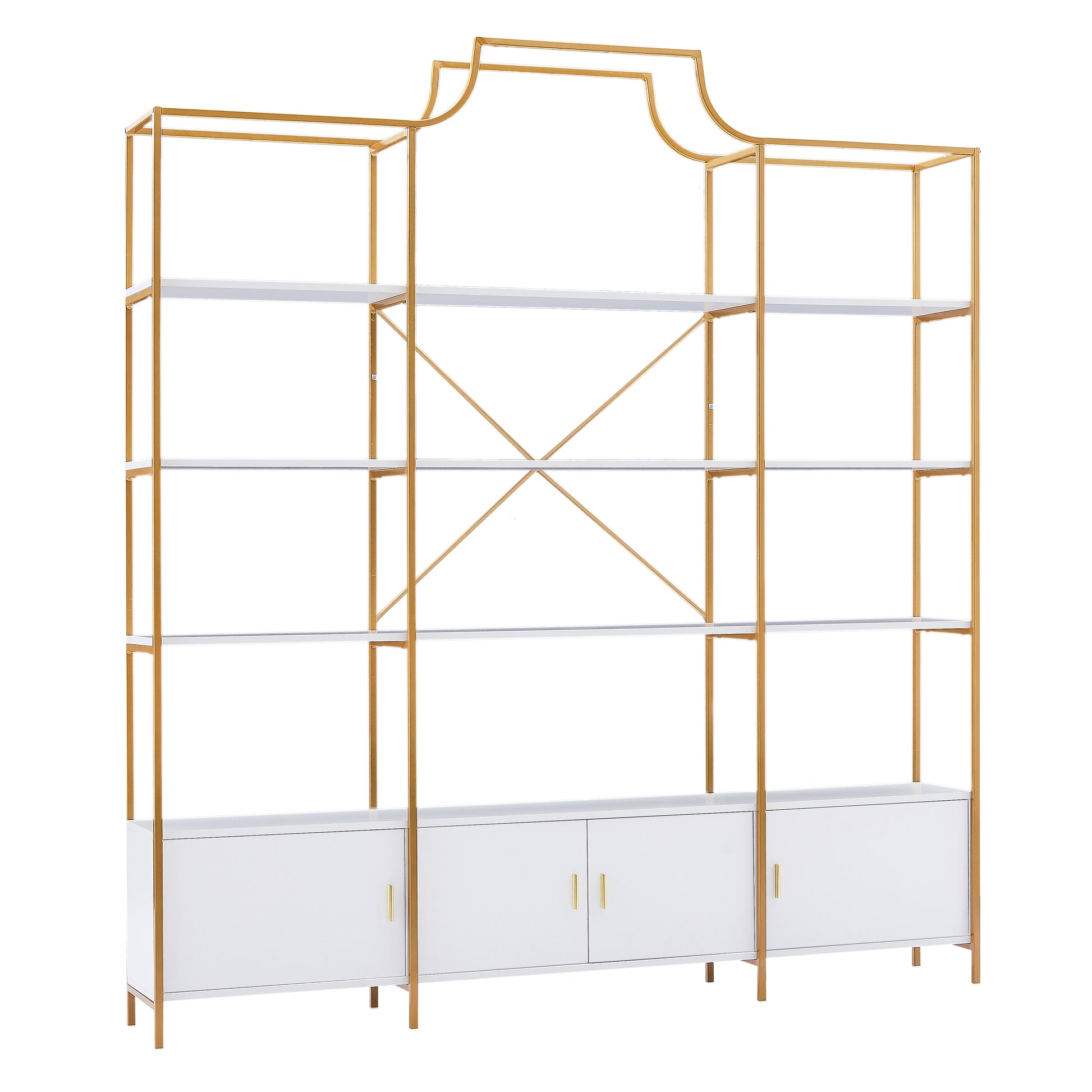 78 Inch 4 Tiers Home Office Bookcase Bookshelf, Storage Cabinet Display Shelf, X Bar Gold Frame Golden White Mdf Steel