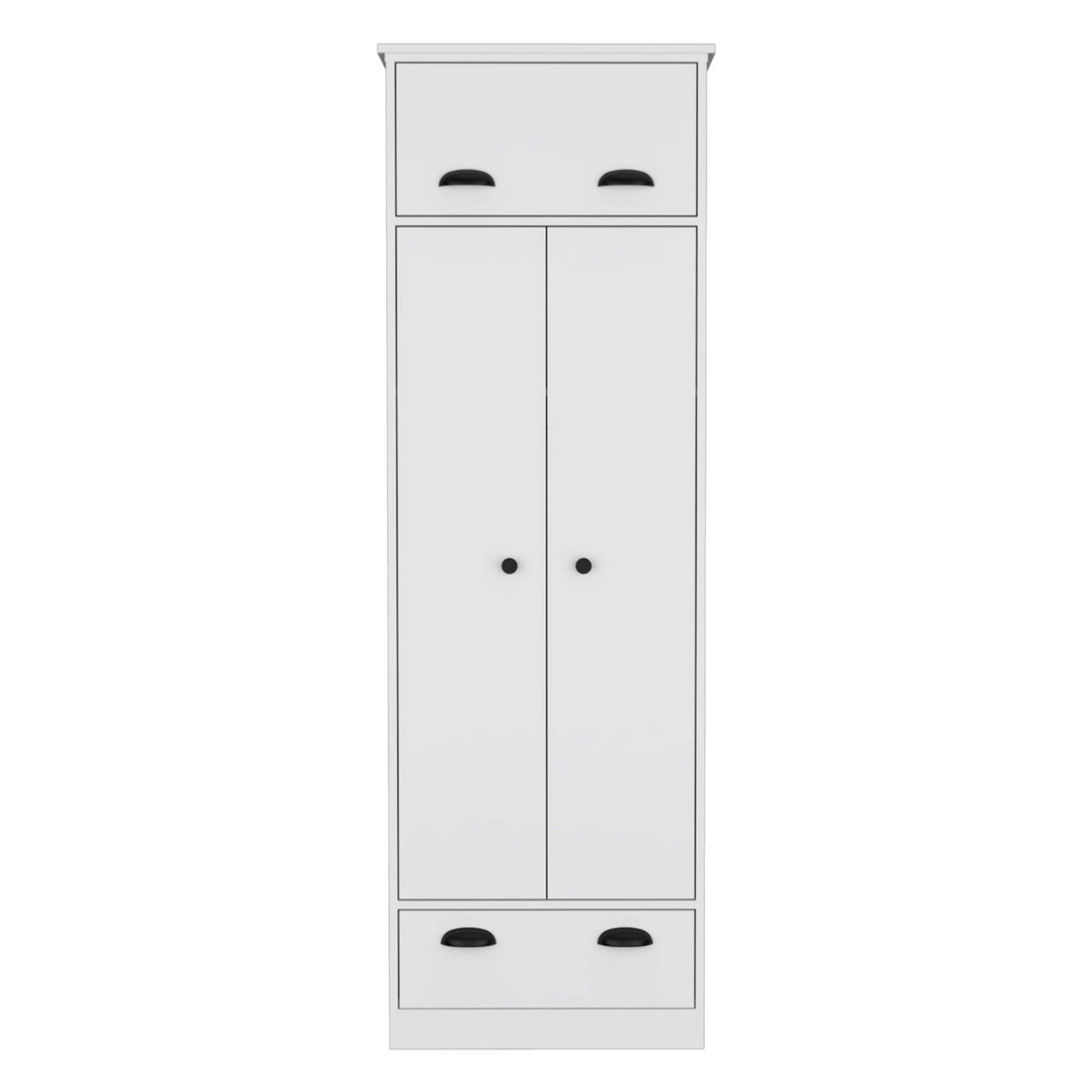 White Dresser Closet With Upper Storage Covered With 1 Door, This Wardrobe Also Has 2 Central Shelves And 1 Tube For Hanging Clothes Covered By 2 Doors, And 1 Drawer At The Bottom. White Particle Board Particle Board