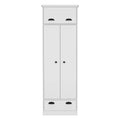 White Dresser Closet With Upper Storage Covered With 1 Door, This Wardrobe Also Has 2 Central Shelves And 1 Tube For Hanging Clothes Covered By 2 Doors, And 1 Drawer At The Bottom. White Particle Board Particle Board
