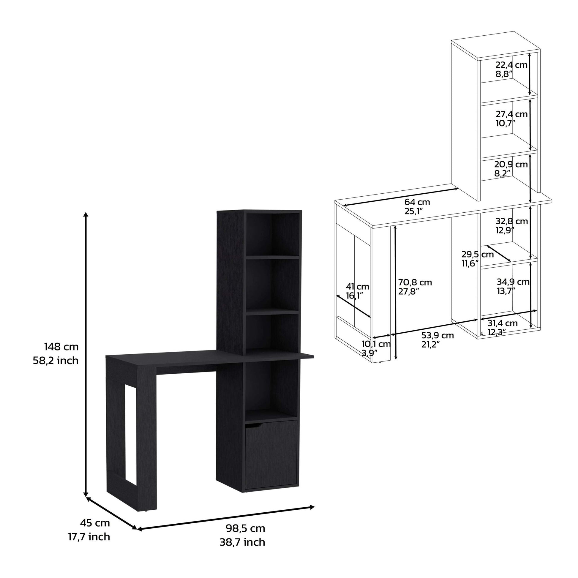 Writing Desk With Bookcase And Cabinet, Black Black Particle Board Particle Board