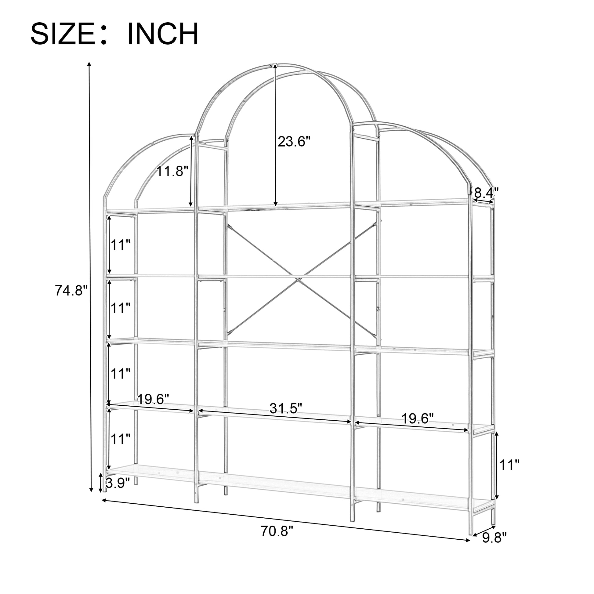 74.8 Inch 5 Tiers Office Bookcase Bookshelf, Display Shelf With Round Top, X Bar Gold Frame Golden White Mdf Steel