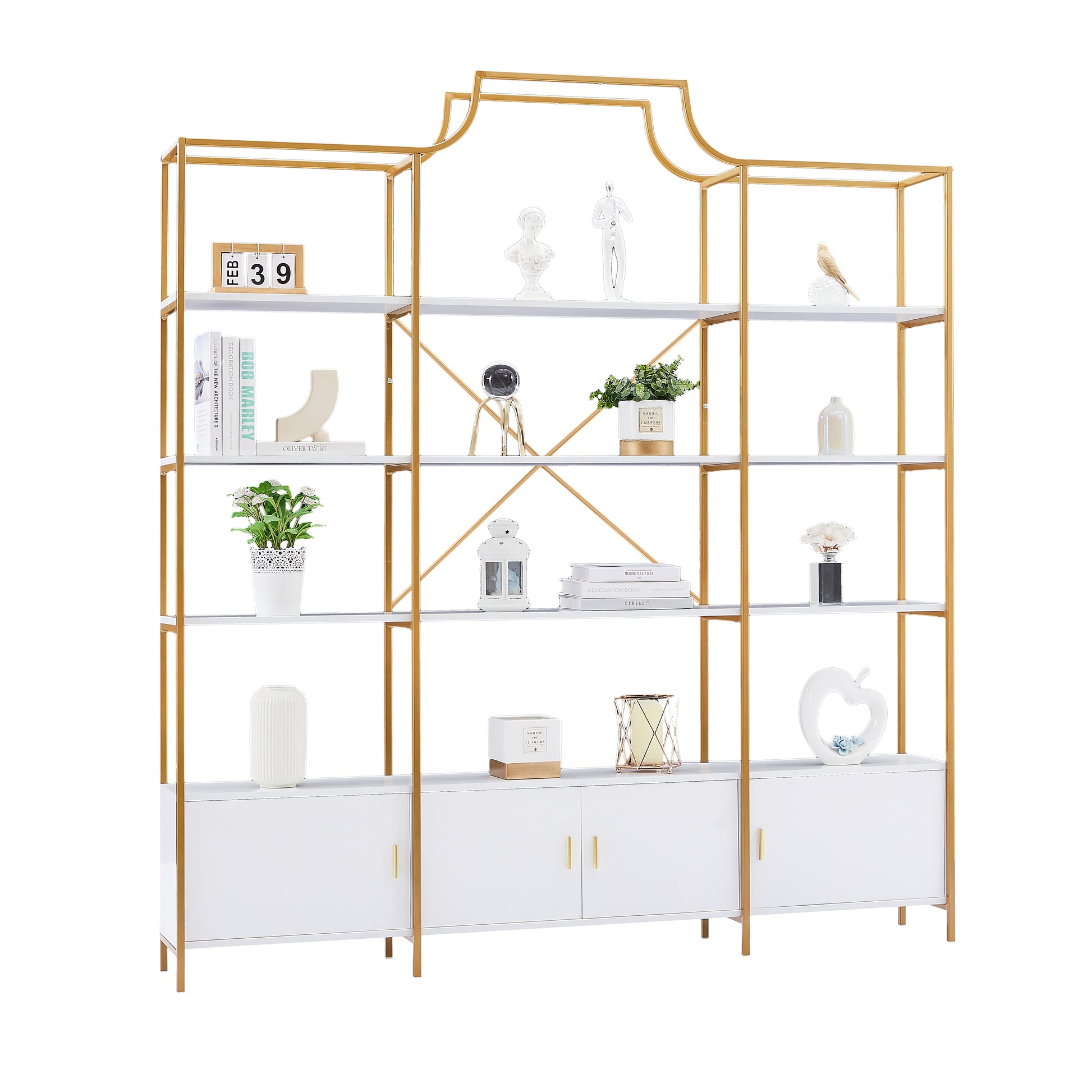 78 Inch 4 Tiers Home Office Bookcase Bookshelf, Storage Cabinet Display Shelf, X Bar Gold Frame Golden White Mdf Steel