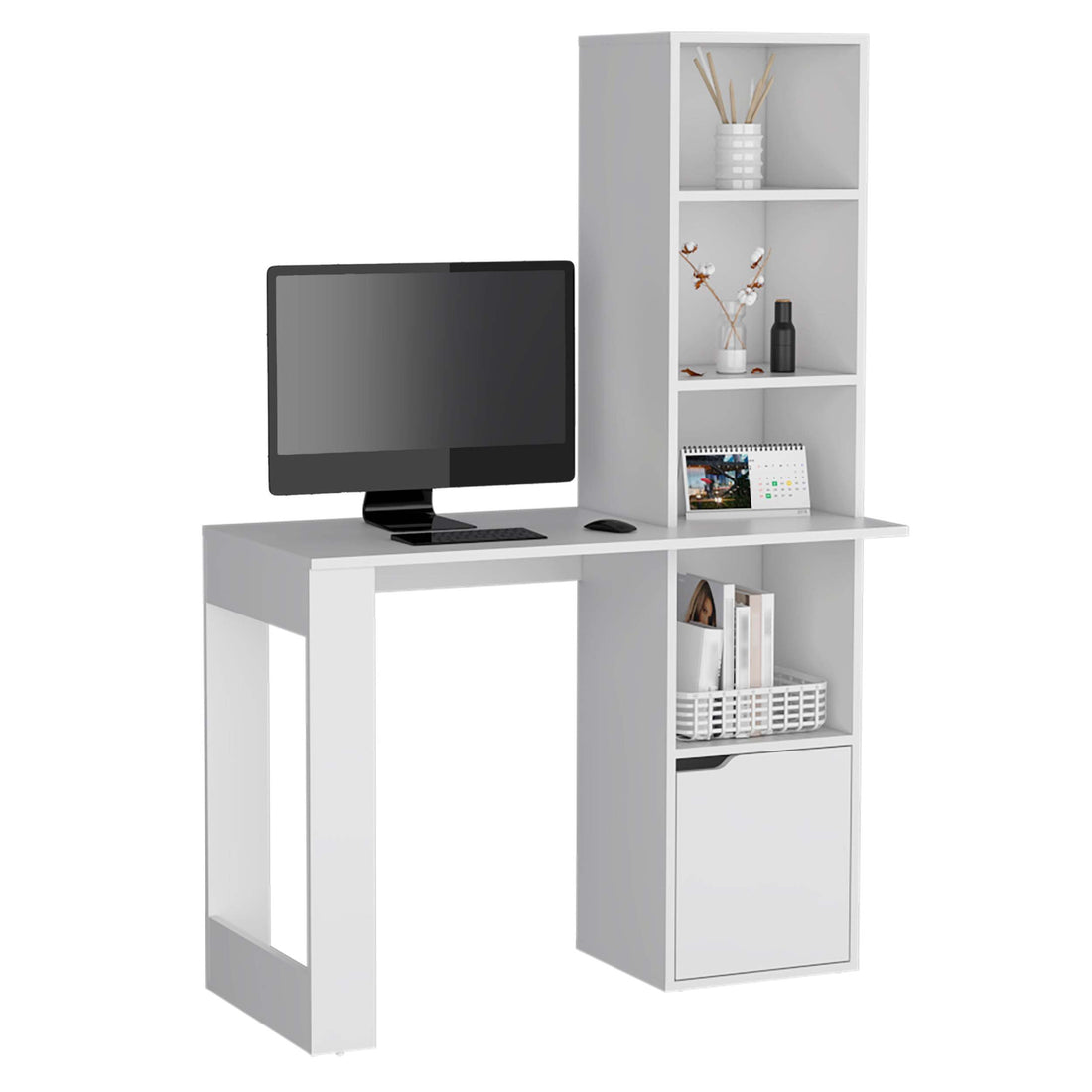 White Writing Computer Desk With Storage Cabinet And Bookcase With 4 Shevels, For Small And Big Spaces. White Particle Board Particle Board